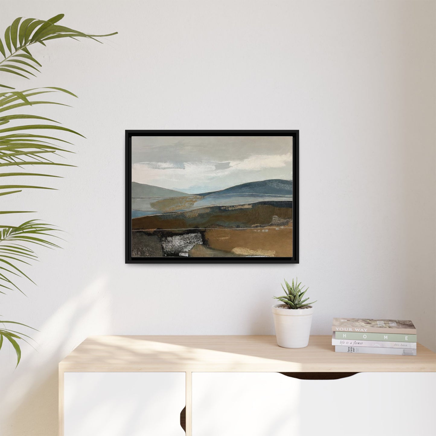 Framed Matte Canvas Landscape Art - Serene Abstract Hills in Blue & Earth Tones