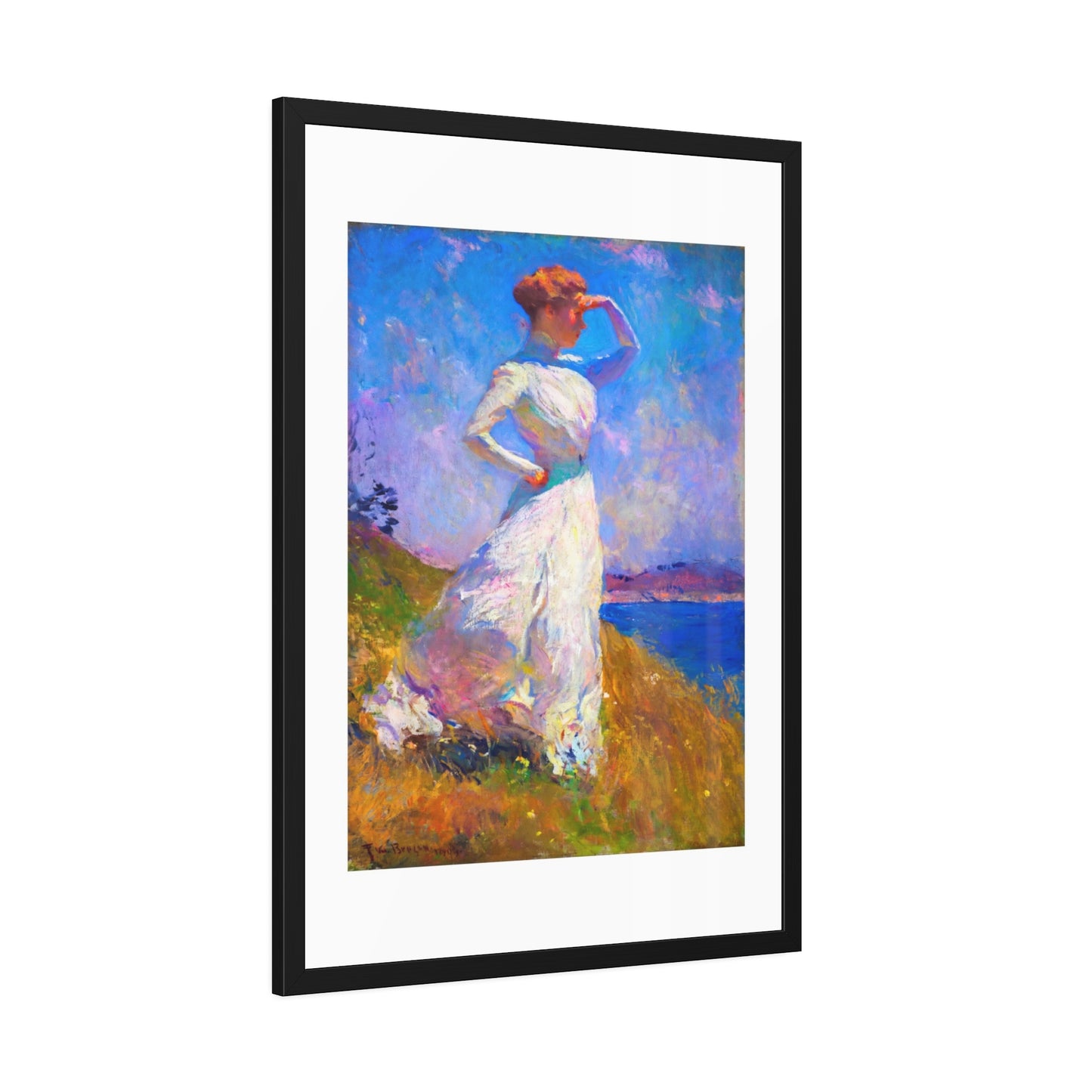 Coastal Impressionist Framed Poster — Woman in White Seaside Art Print