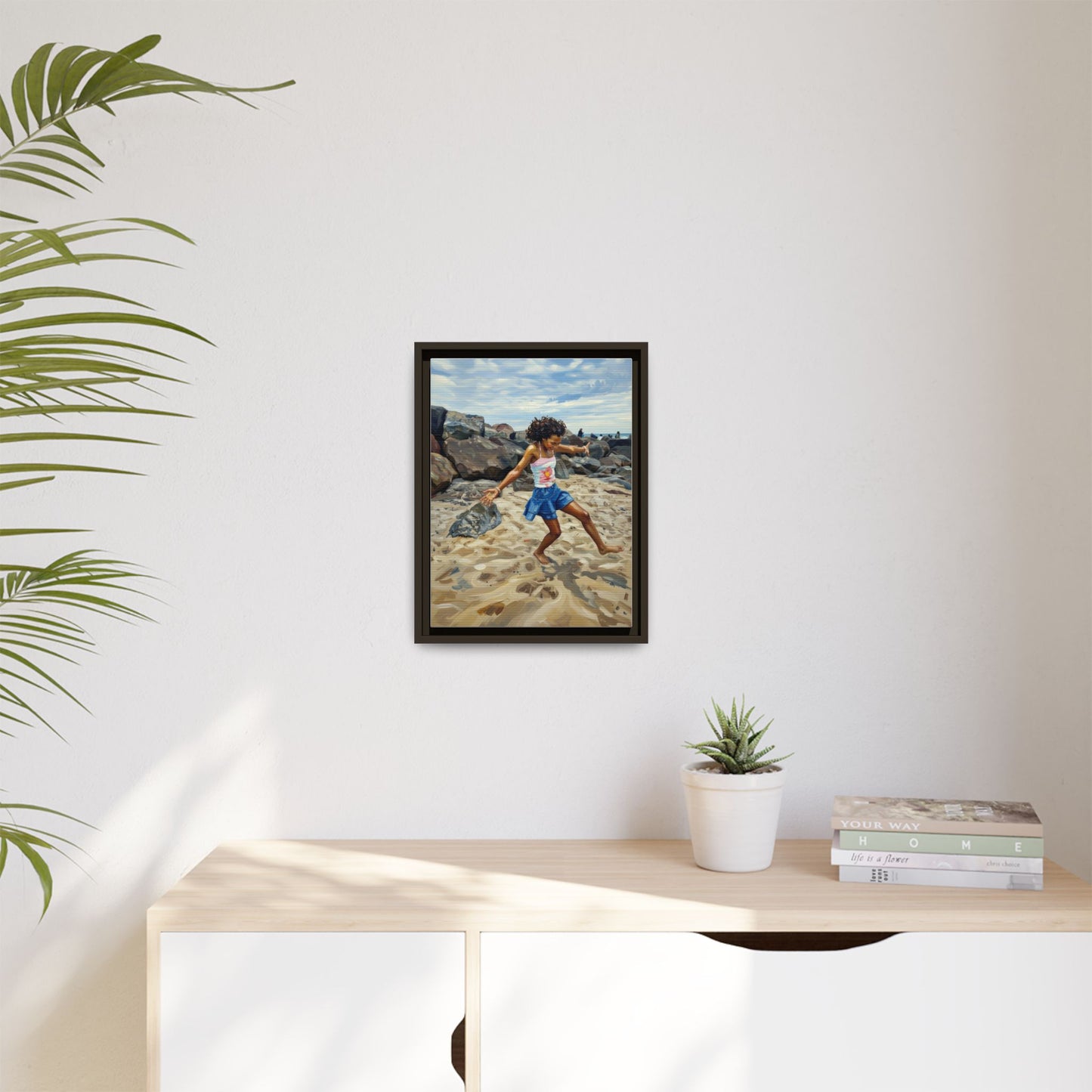 Framed Canvas Art - Girl Dancing on the Beach (Matte Multi-Color)