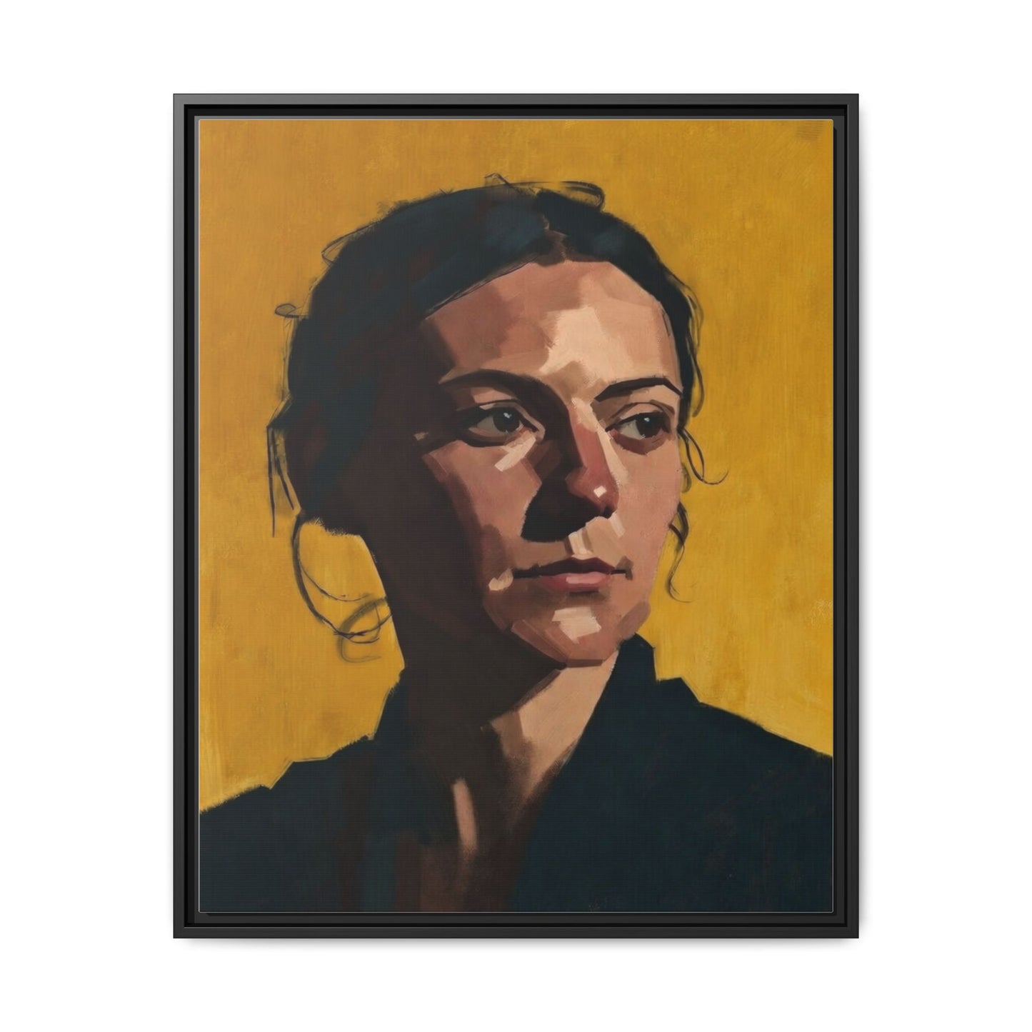Framed Matte Canvas Portrait Art — Moody Woman on Mustard Background