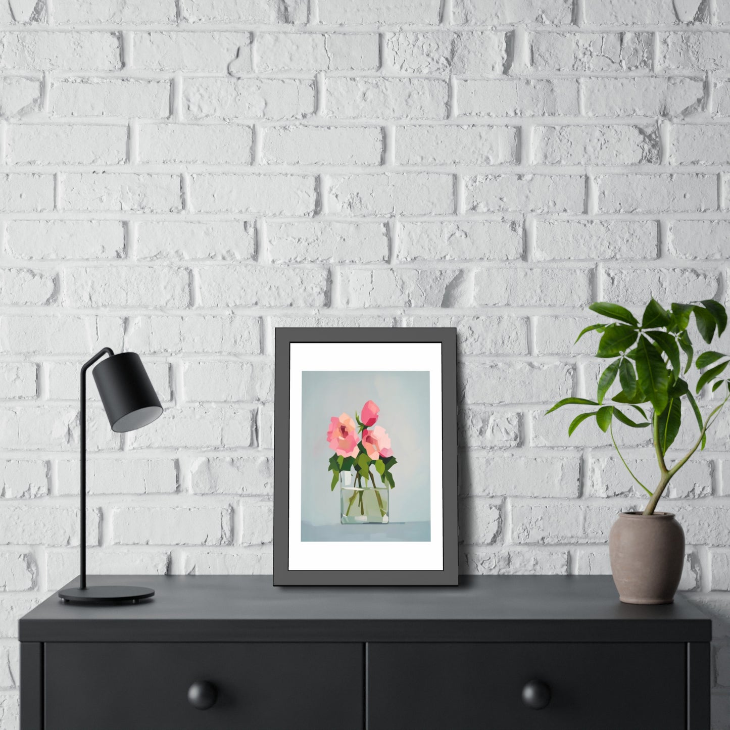 Framed Floral Poster — Pink Rose Vase Wall Art