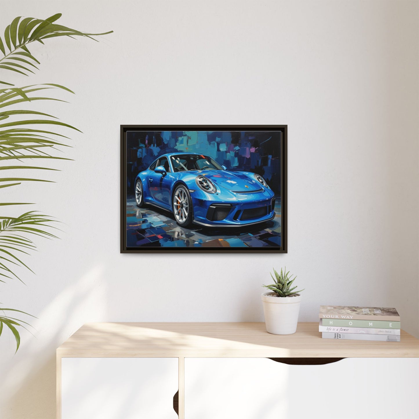 Blue Sports Car Matte Canvas Framed Print — Modern Automotive Wall Art
