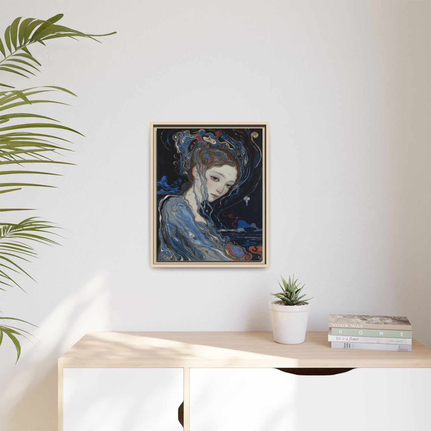 Framed Matte Canvas Art Print — Surreal Blue Maiden Portrait