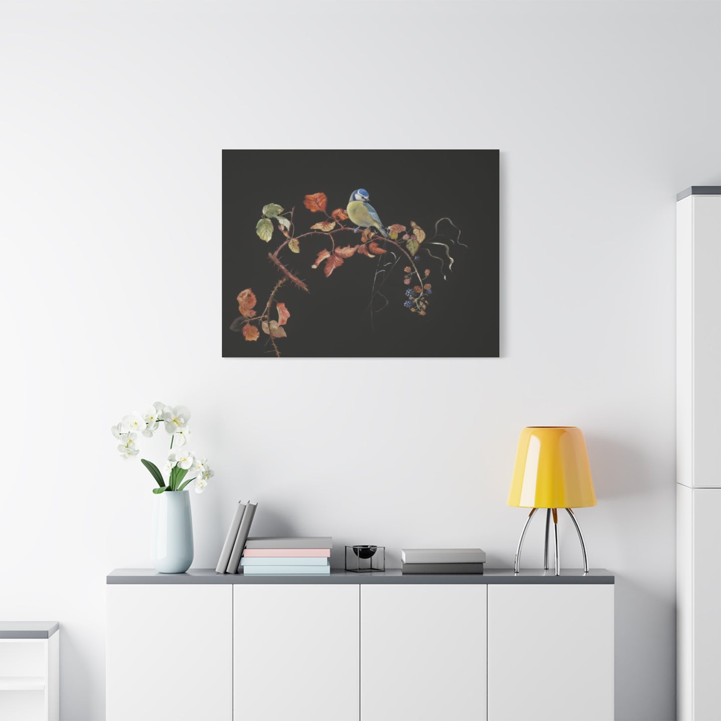 Canvas Wall Art - Blue Tit on Autumn Branch, Stretched Matte Canvas
