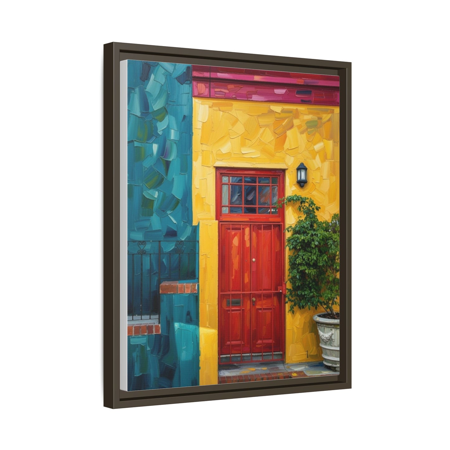Framed Matte Canvas Wall Art — Colorful Red Door on Yellow Facade