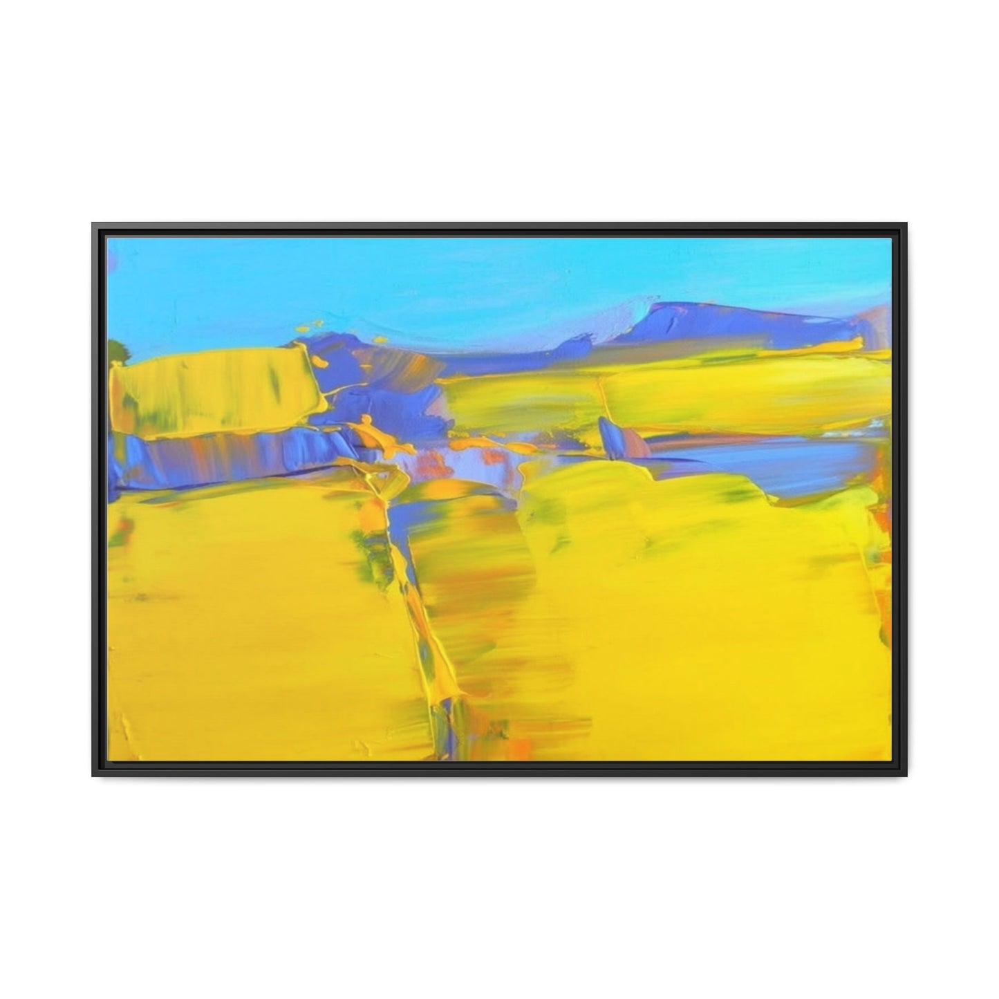 Framed Matte Canvas  Vibrant Yellow Blue Abstract Landscape Art