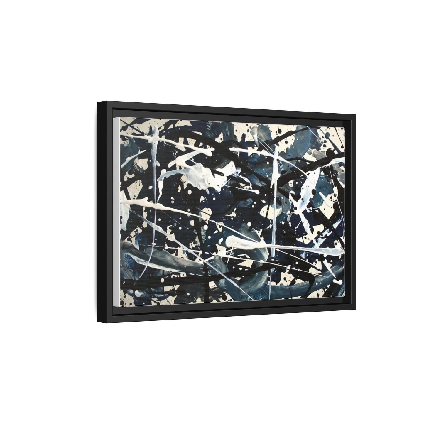 Abstract Splatter Matte Canvas Framed Wall Art — Black & Blue Modern Art Print