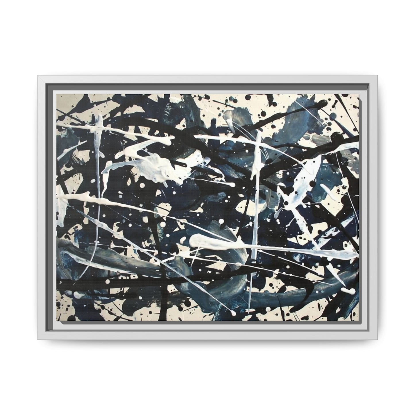 Abstract Splatter Matte Canvas Framed Wall Art — Black & Blue Modern Art Print