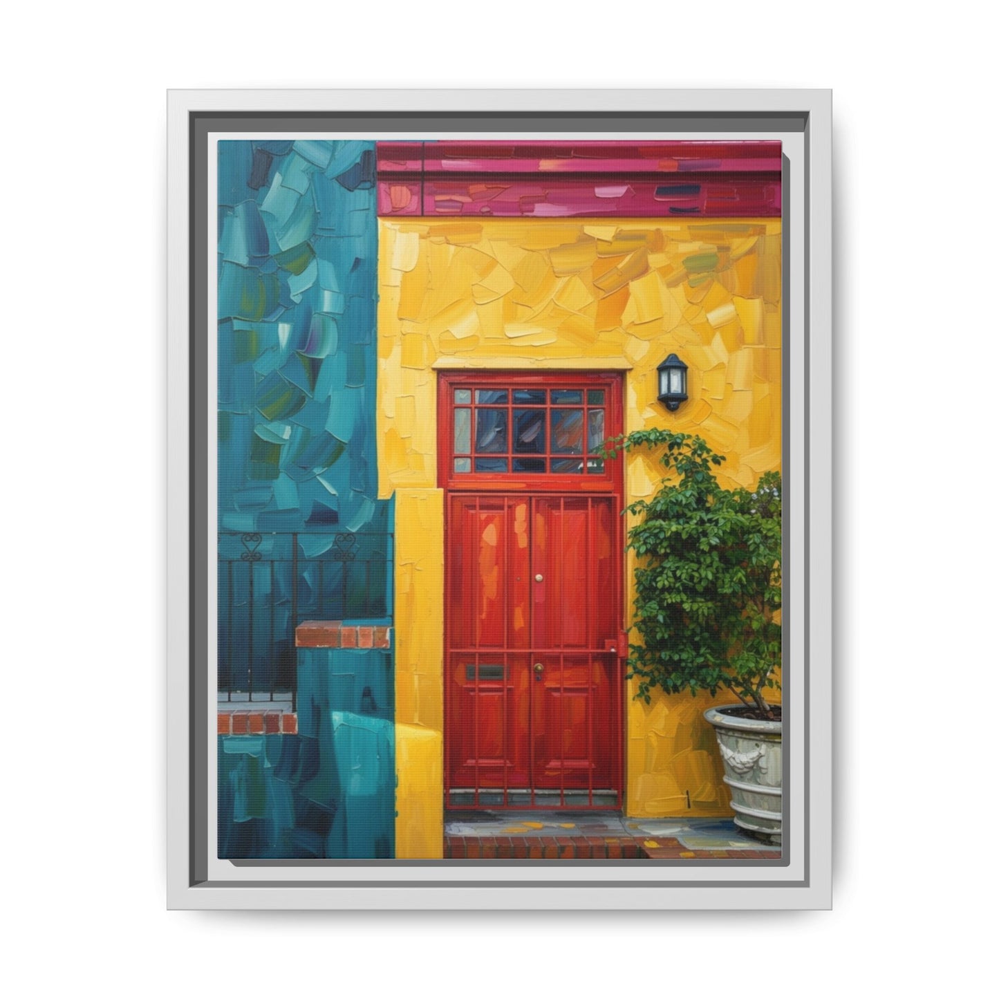 Framed Matte Canvas Wall Art — Colorful Red Door on Yellow Facade