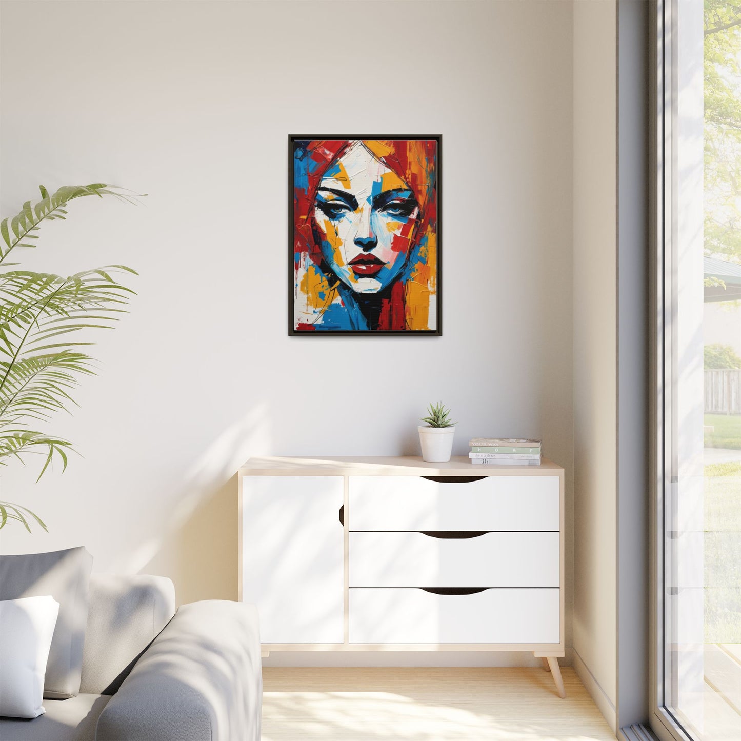 Framed Abstract Portrait Canvas — Colorful Female Face Wall Art