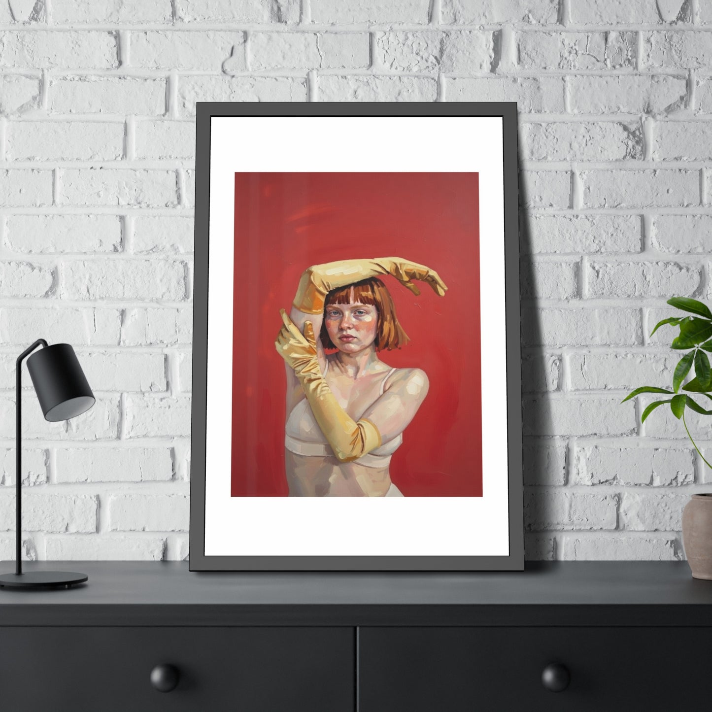 Framed Art Print — Retro Portrait with Yellow Gloves on Red Background