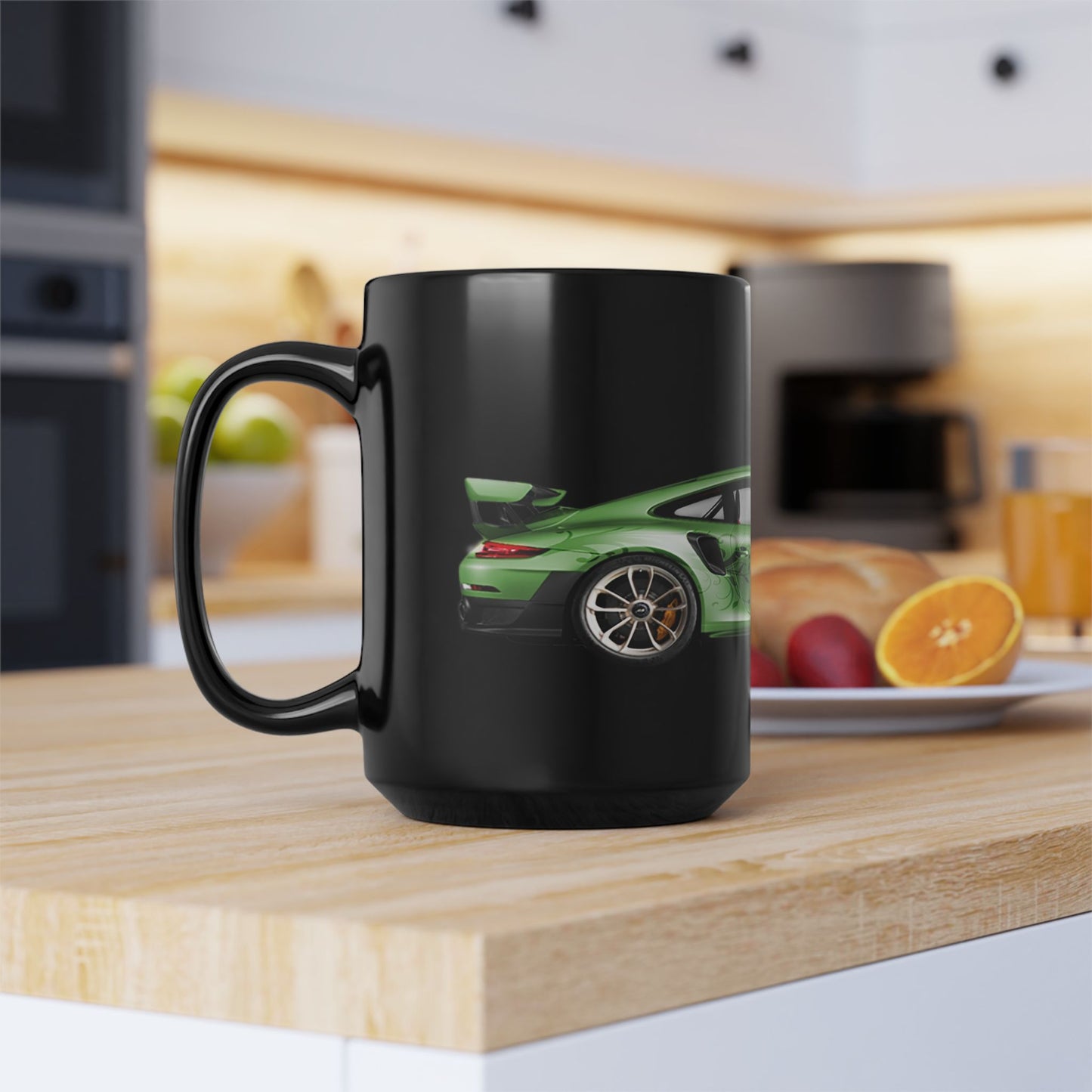 Green Sports Car Mug — Black Ceramic Coffee Cup for Car Enthusiasts (11oz/15oz)
