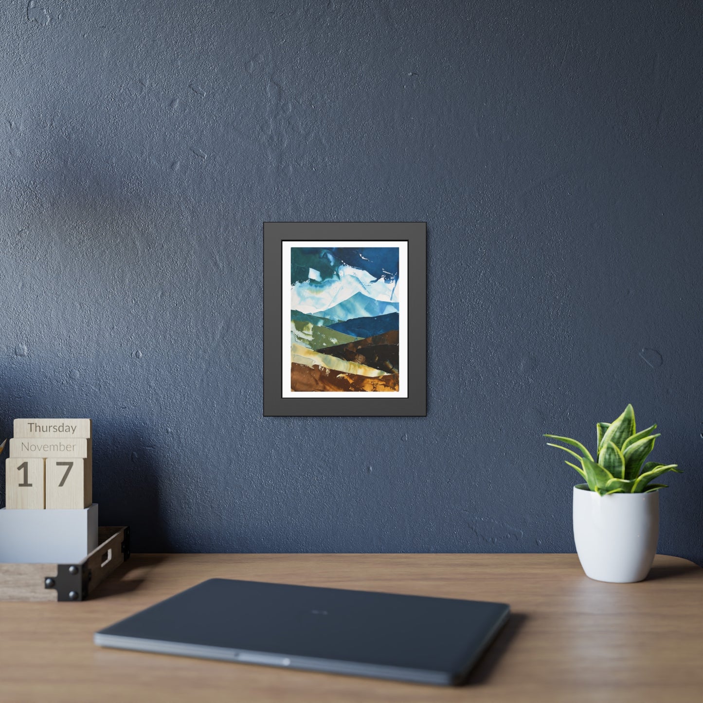 Framed Abstract Mountain Art Print – Blue & Earthtone Layered Landscape Poster