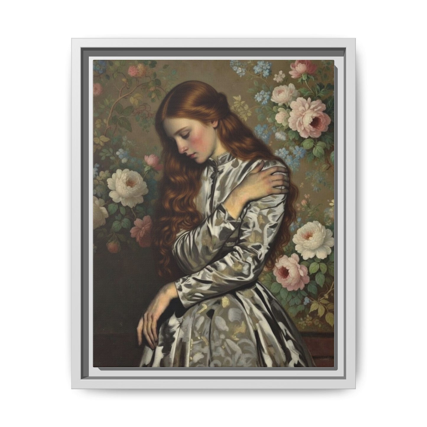 Framed Matte Canvas Art — Vintage Floral Portrait of a Young Woman