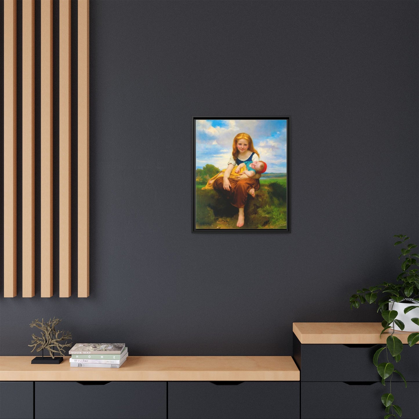 Young Girl Holding Sleeping Baby Canvas Print, Framed Wall Art