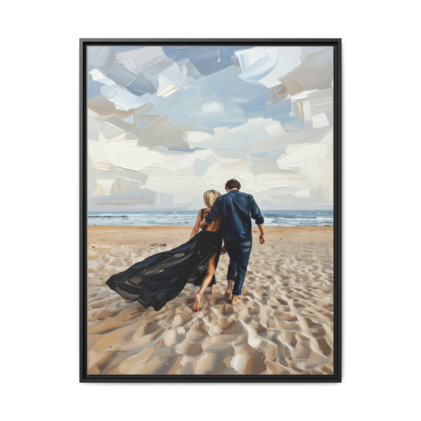 Framed Canvas Wall Art — Romantic Couple Walking on Beach Print