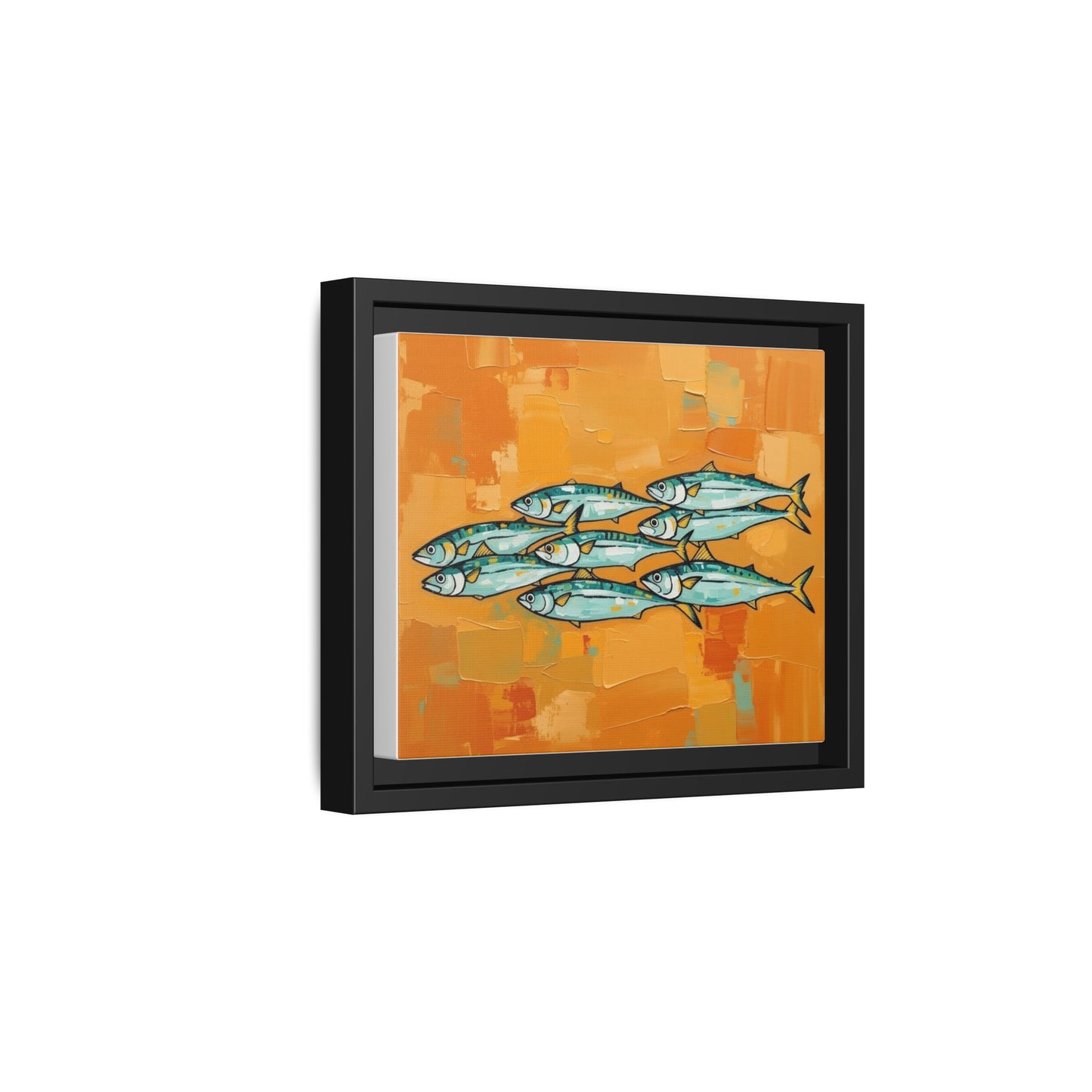 Framed Matte Canvas Print — School of Blue Fish on Orange Abstract Background