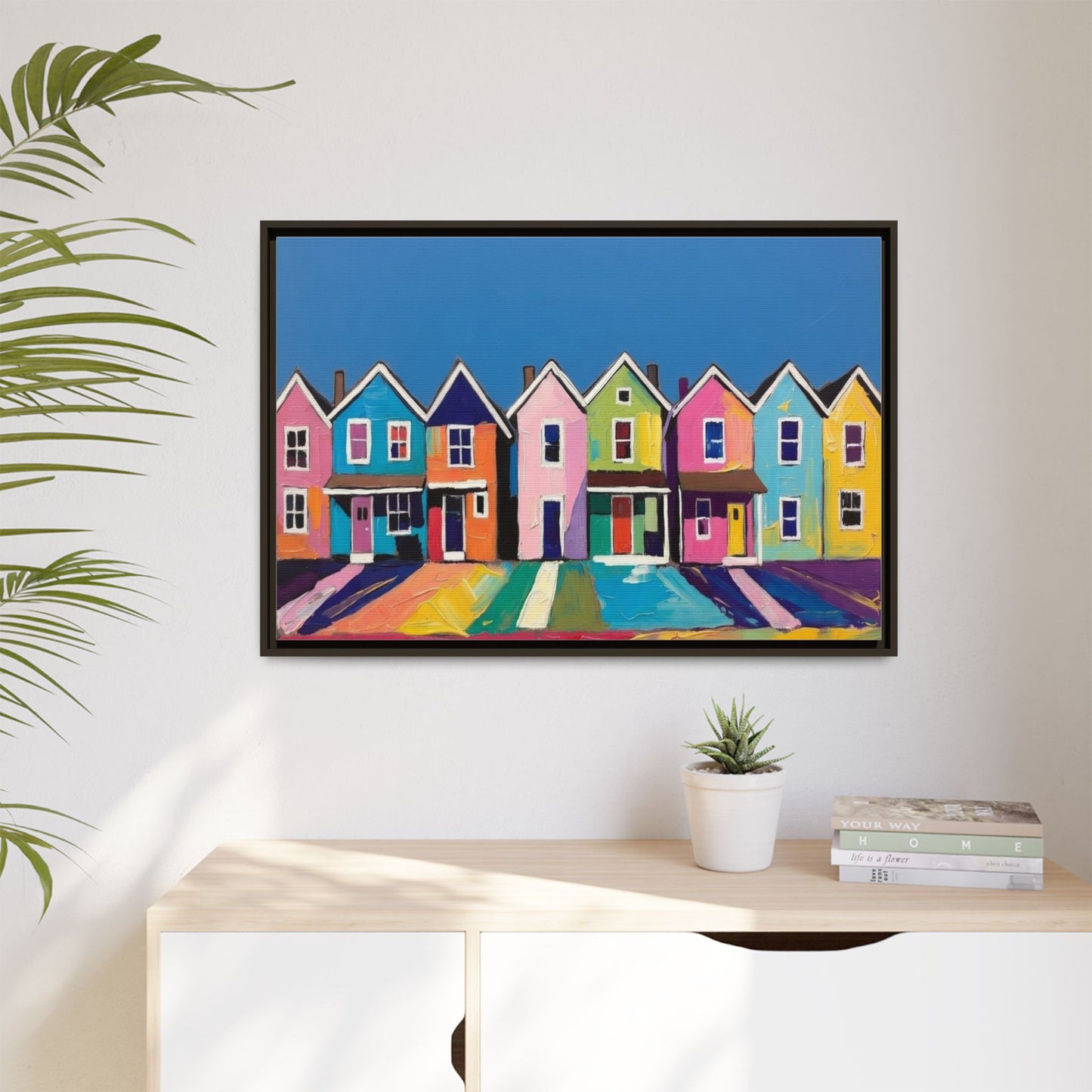 Colorful Beach Houses Matte Canvas Framed Wall Art