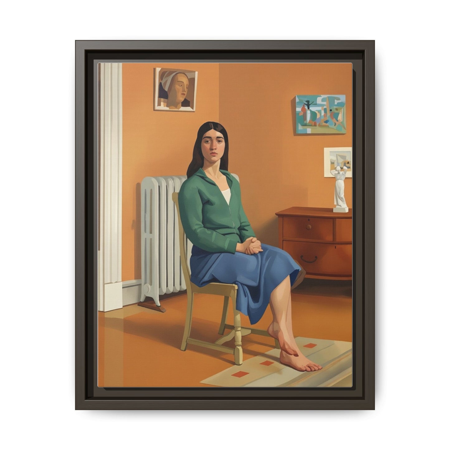 Framed Matte Canvas Print — Woman Seated in Warm Interior (Midcentury Portrait)