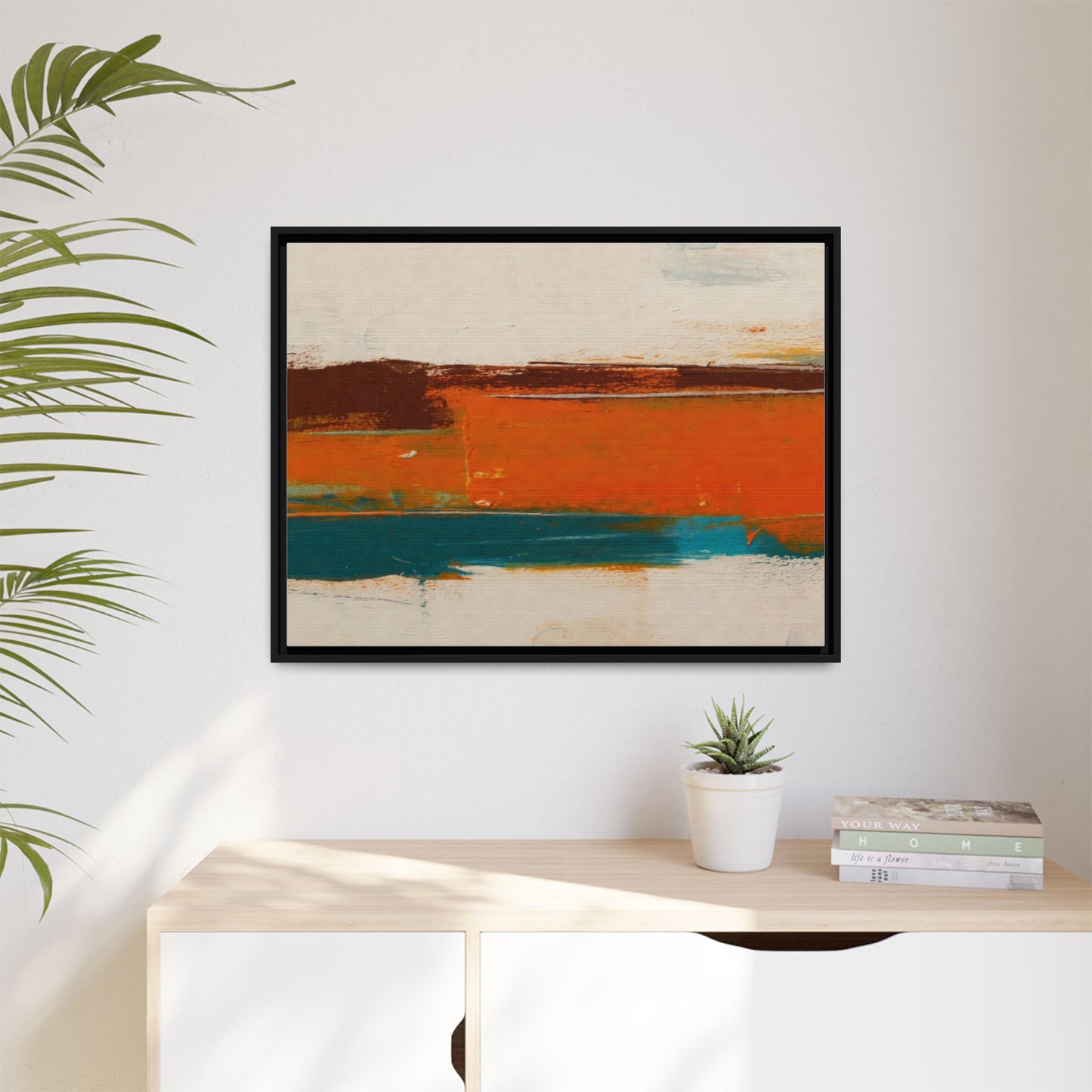 Abstract Horizon Matte Canvas Framed Print — Modern Orange Teal Wall Art