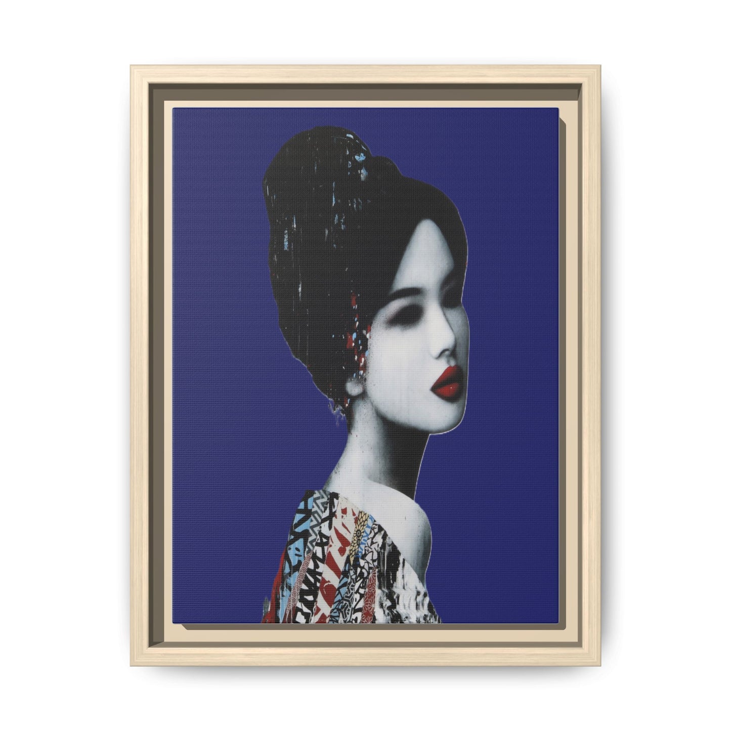 Framed Matte Canvas Art — Elegant Geisha Portrait on Deep Blue