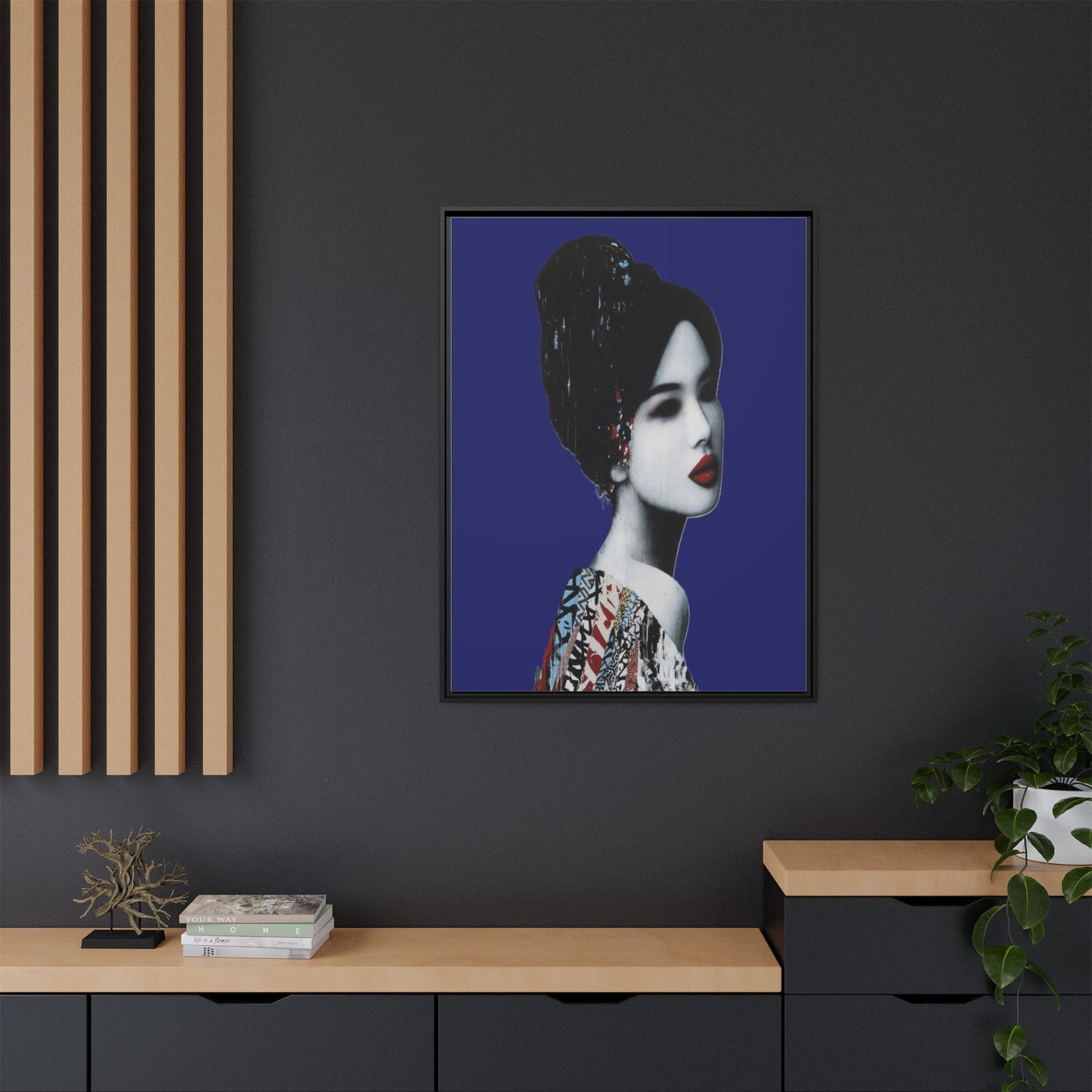 Framed Matte Canvas Art — Elegant Geisha Portrait on Deep Blue