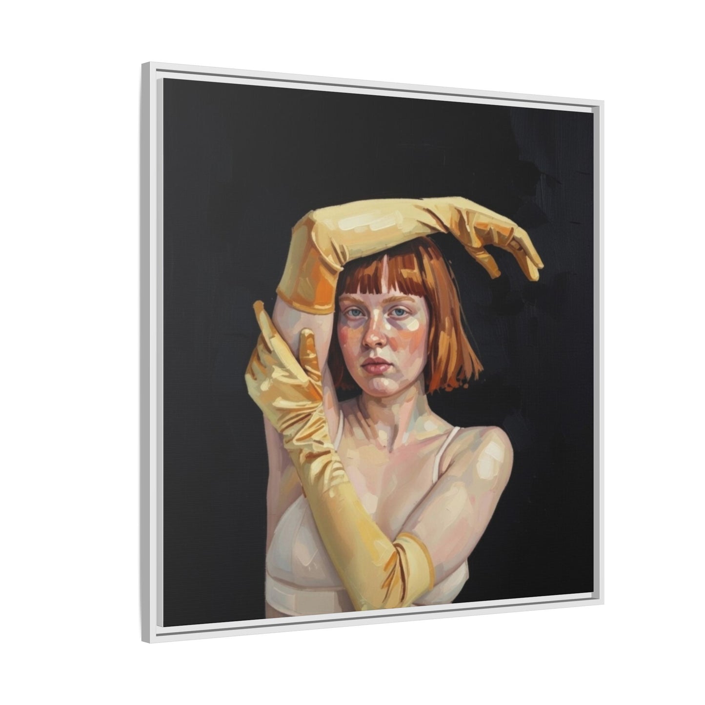 Framed Matte Canvas Art – Portrait of Woman in Yellow Gloves