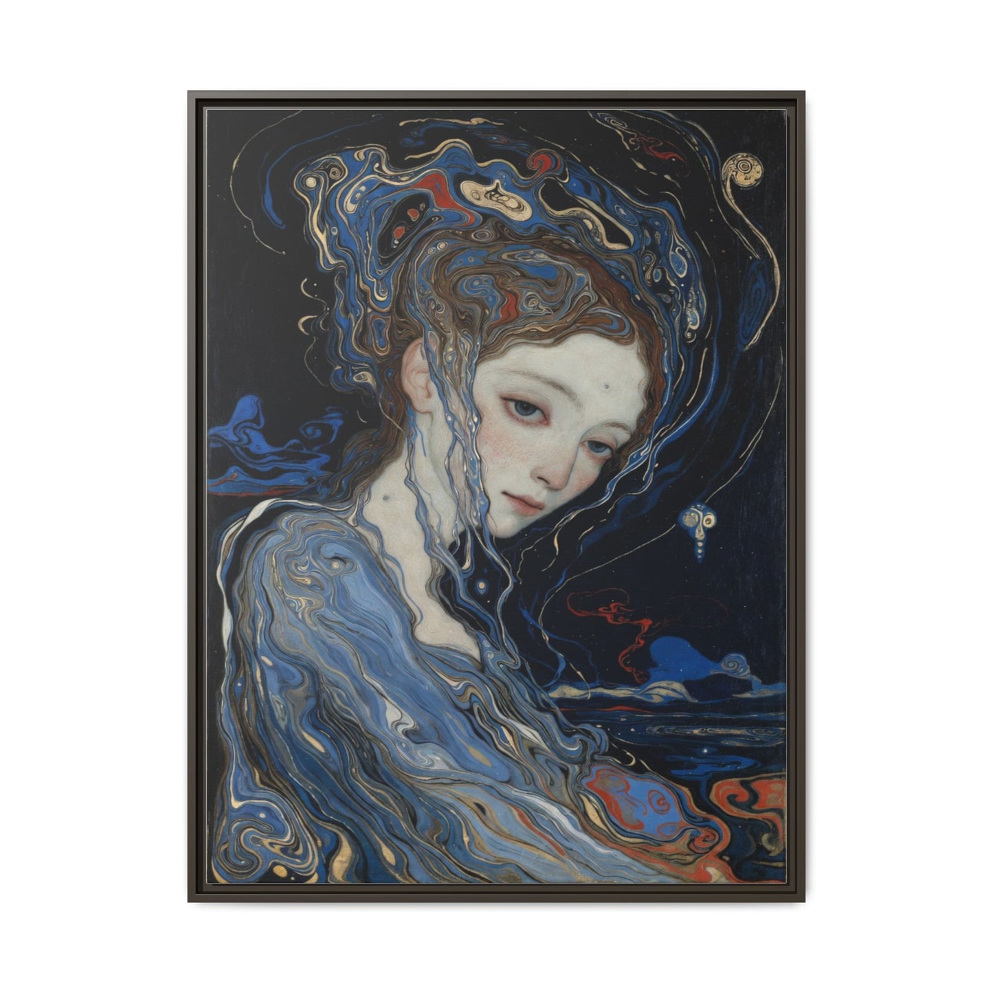 Framed Matte Canvas Art Print — Surreal Blue Maiden Portrait