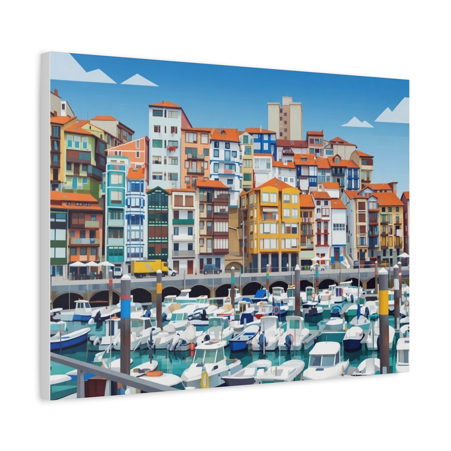Colorful Coastal Harbor Matte Canvas Print — Stretched Wall Art