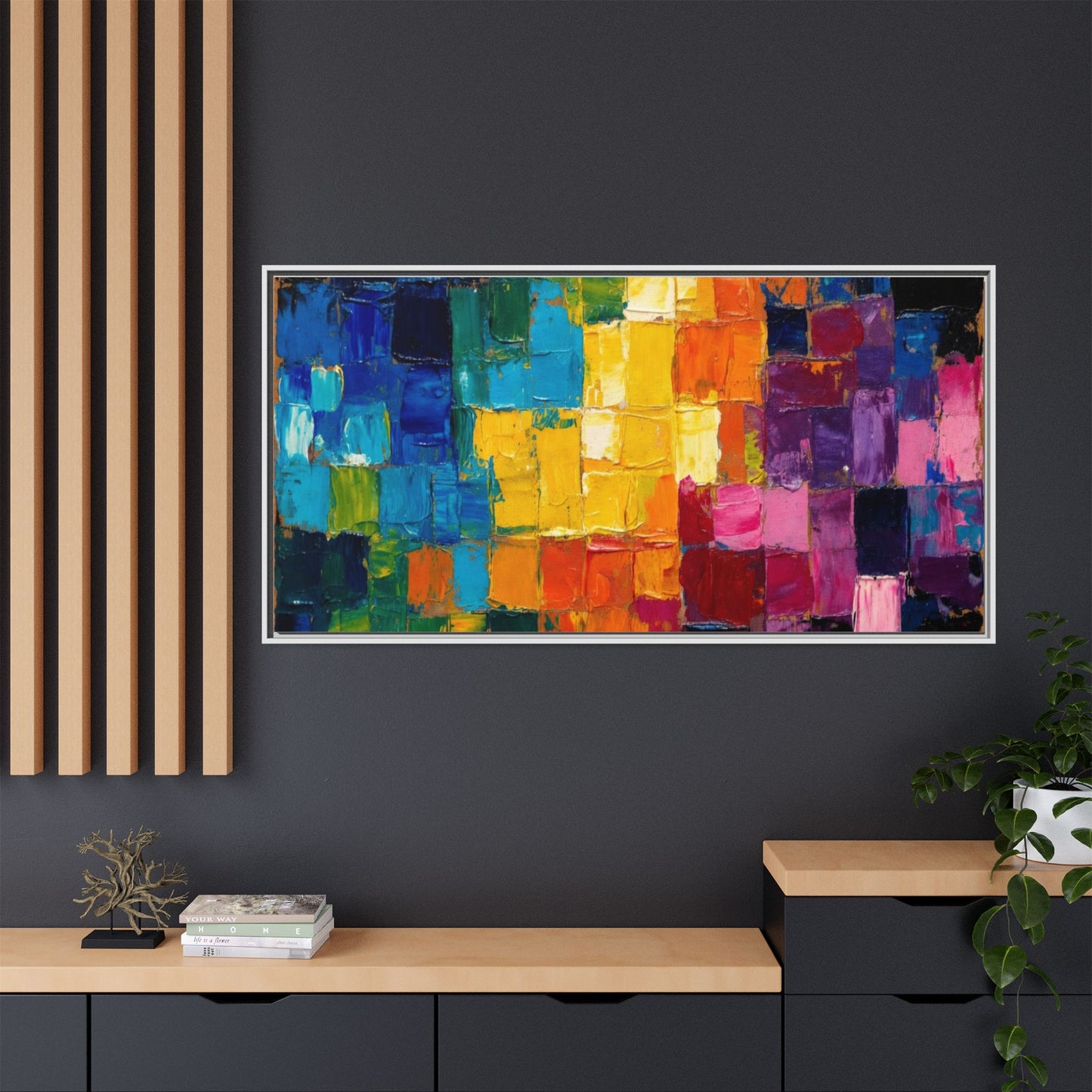 Abstract Rainbow Mosaic Framed Canvas Print — Colorful Modern Wall Art
