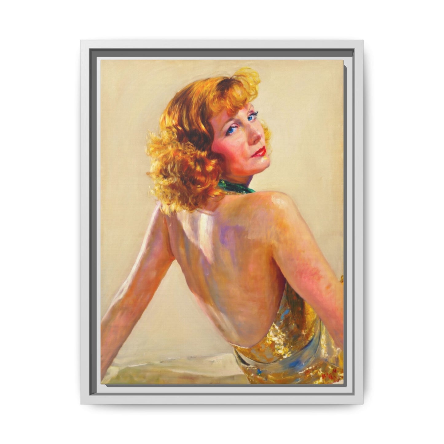 Framed Matte Canvas Print — Vintage Portrait of Redhead Greta Garbo in Gold Dress