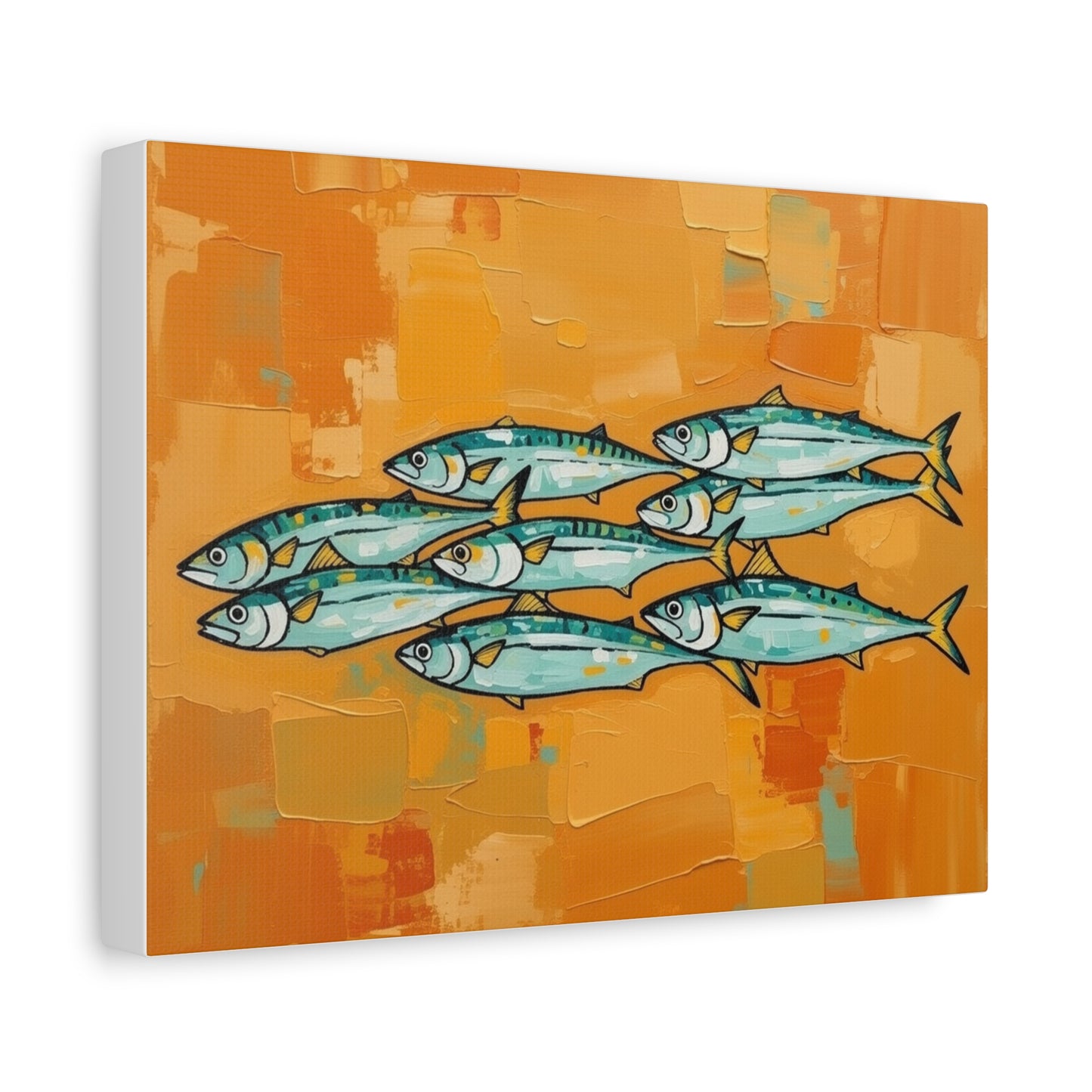 School of Mackerel Canvas Wall Art — Nautical Fish Painting on Orange Background