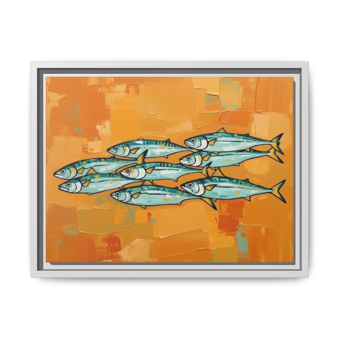 Framed Matte Canvas Print — School of Blue Fish on Orange Abstract Background