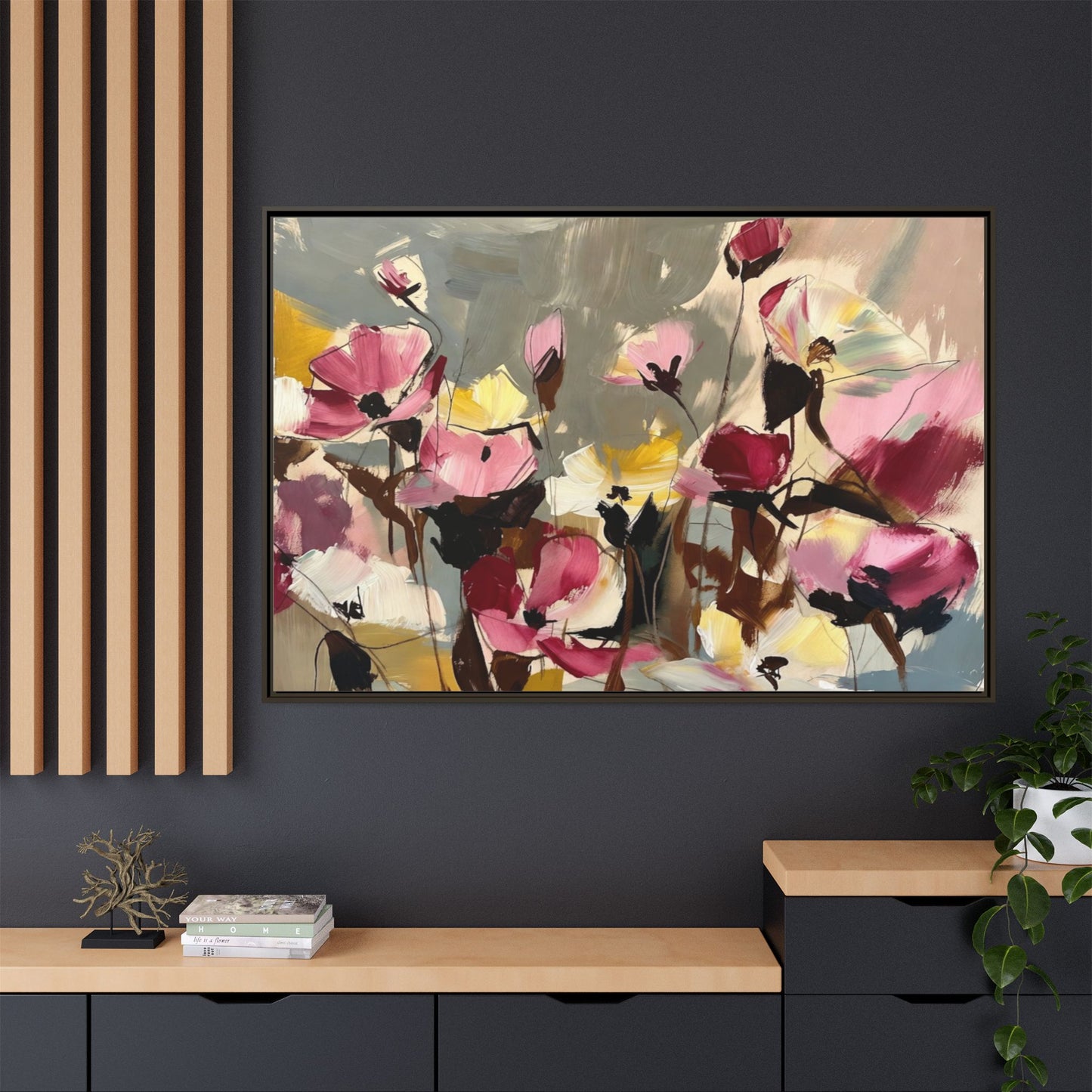 Framed Floral Canvas Wall Art — Abstract Pink & Yellow Flowers