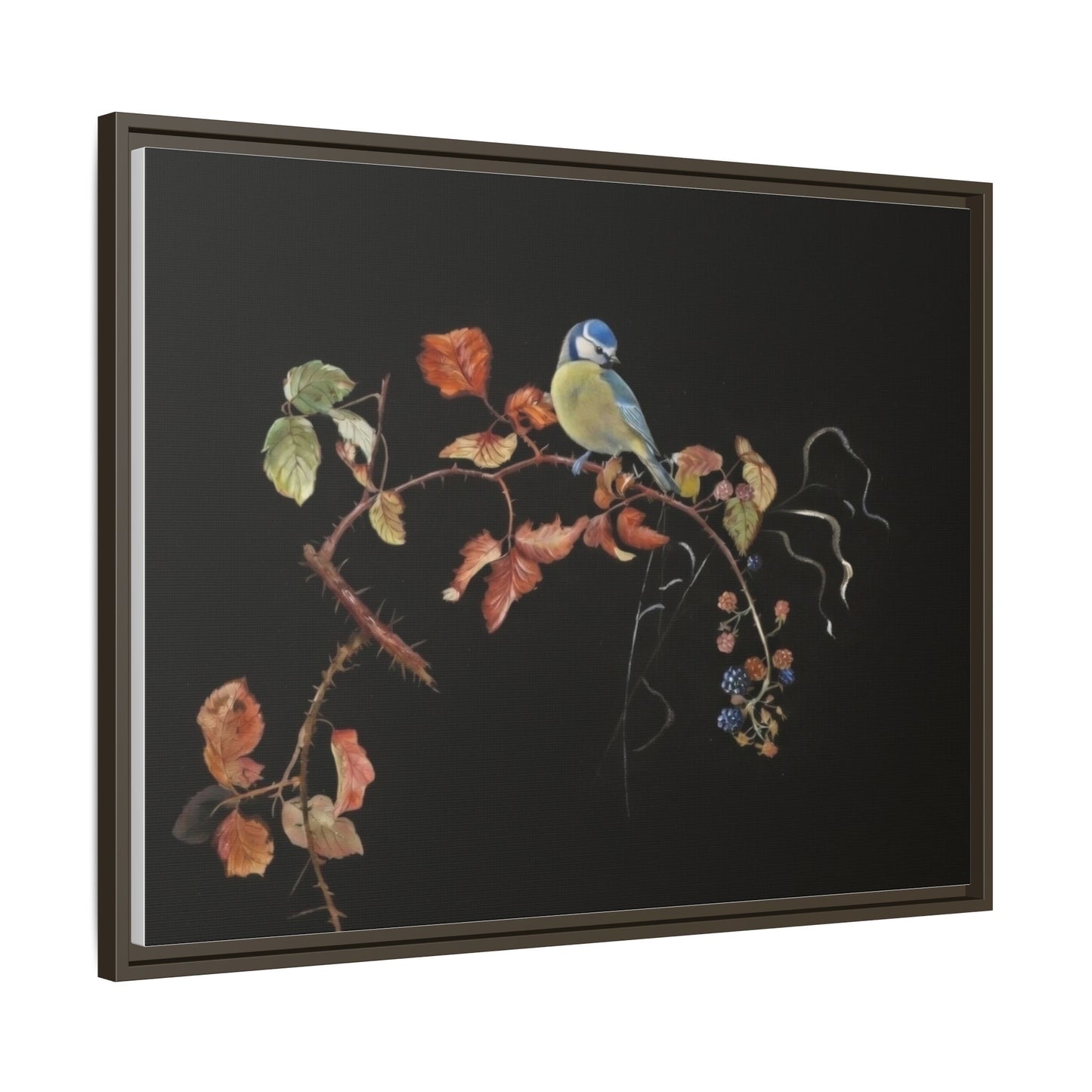 Framed Matte Canvas - Blue Tit on Autumn Branch Wall Art