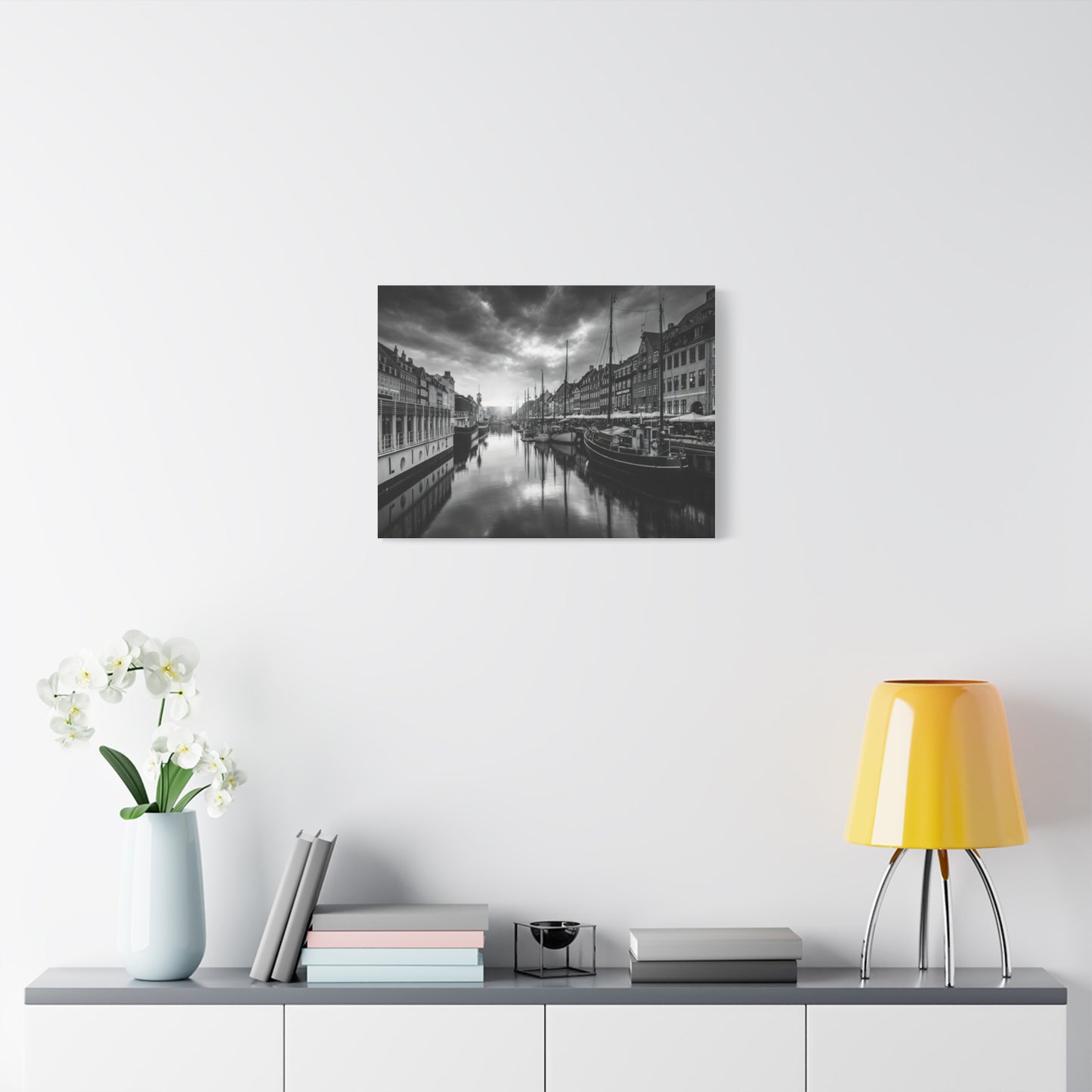 Black & White Harbor Canvas Print — Dramatic Copenhagen Cityscape Wall Art