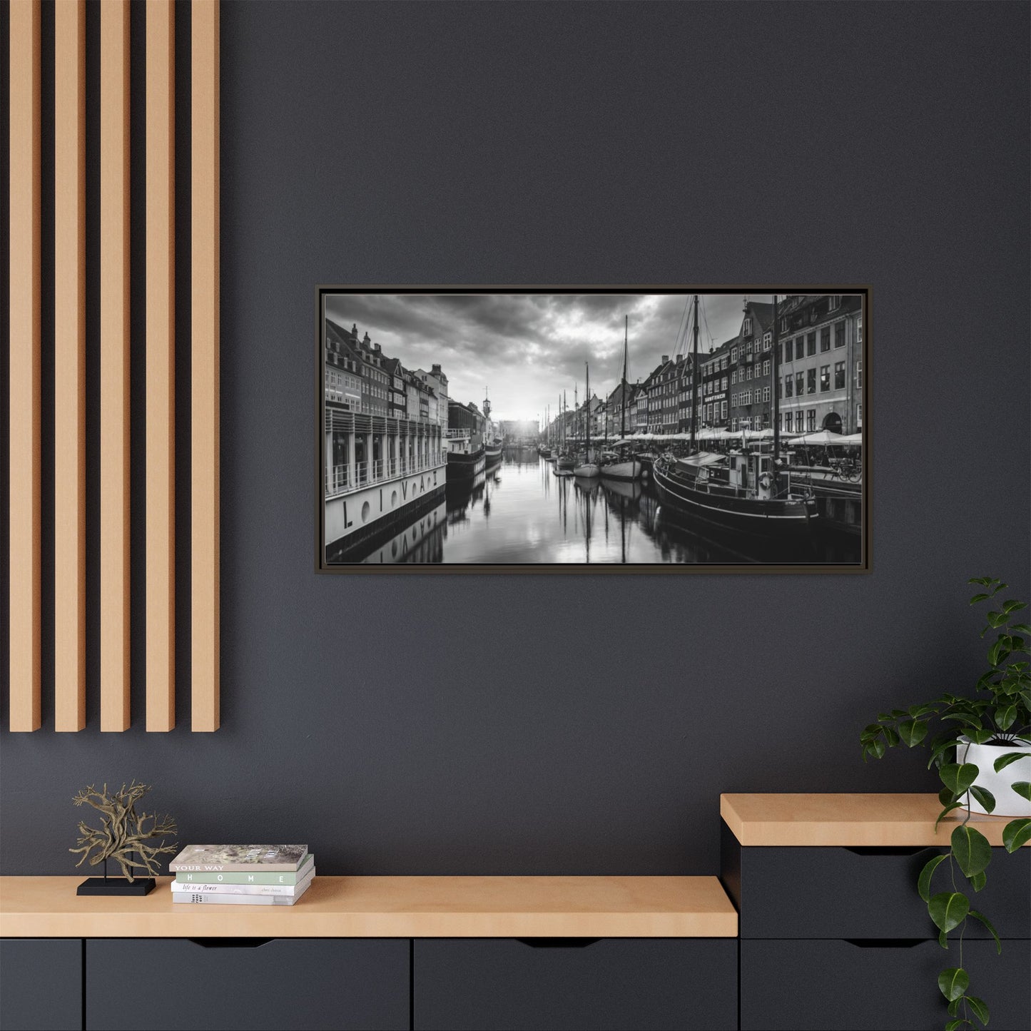 Framed Matte Canvas: Black & White Dutch Canal Photography Wall Art