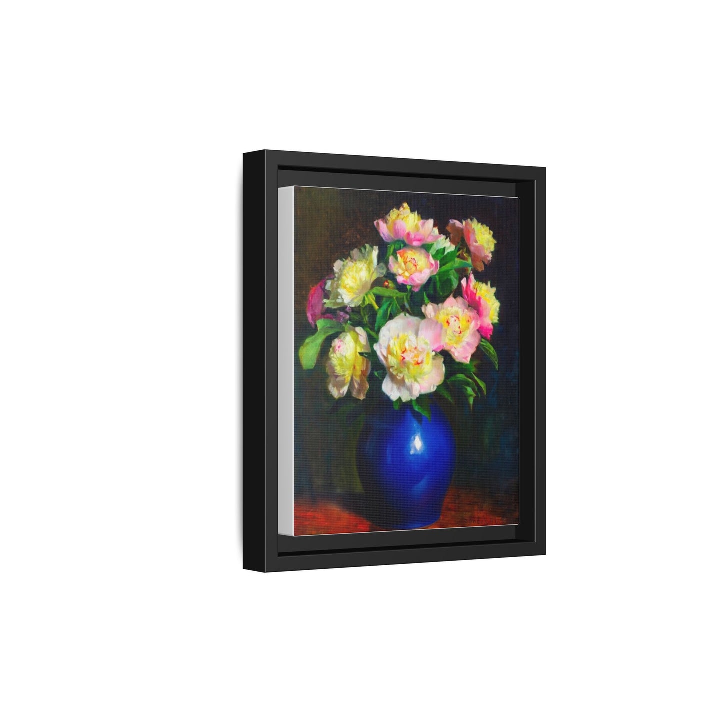 Framed Matte Canvas Wall Art — Vintage Floral Bouquet in Blue Vase