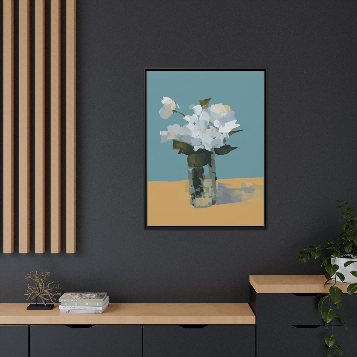 Framed Floral Still Life Canvas Art — Modern White Bouquet Wall Art