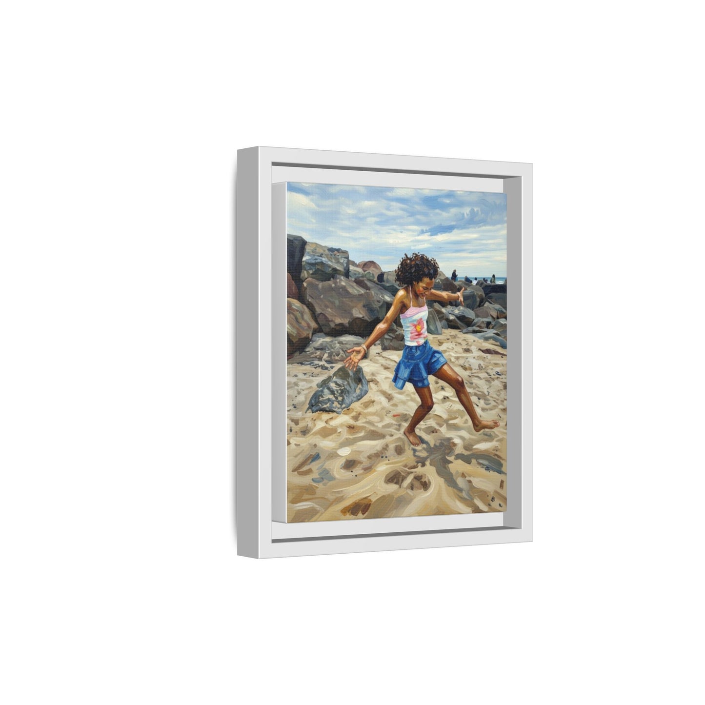 Framed Canvas Art - Girl Dancing on the Beach (Matte Multi-Color)