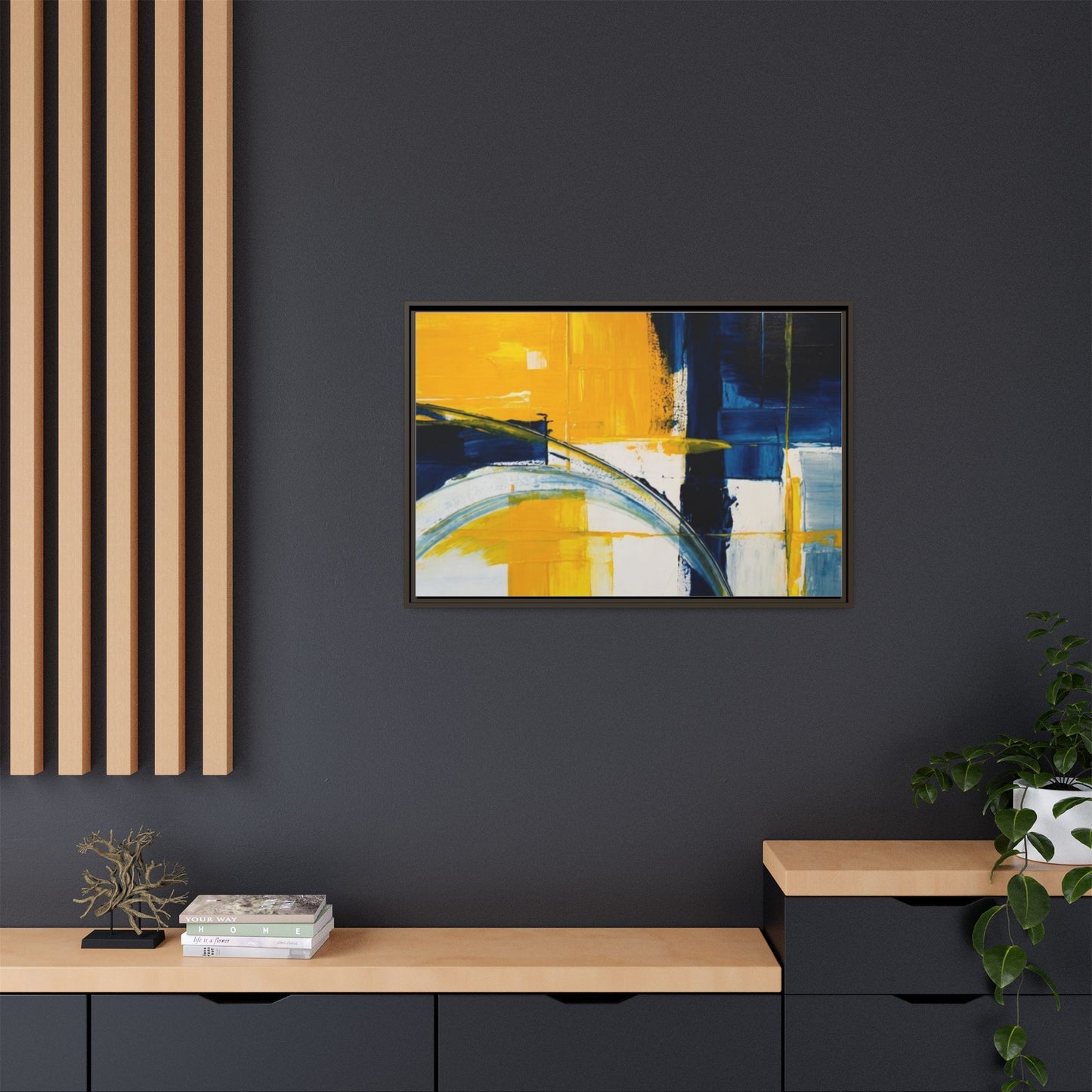 Abstract Yellow & Blue Framed Canvas Wall Art — Modern Matte Canvas Print