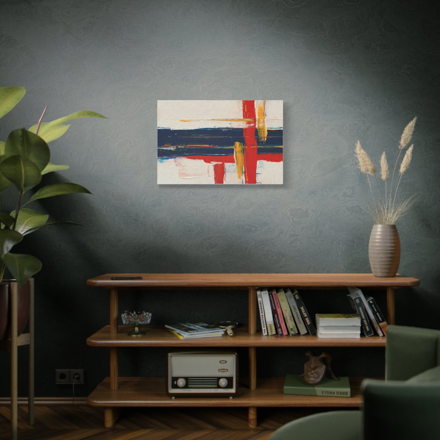 Abstract Modern Canvas Art Print — Red, Navy & Gold Stretched Matte Canvas