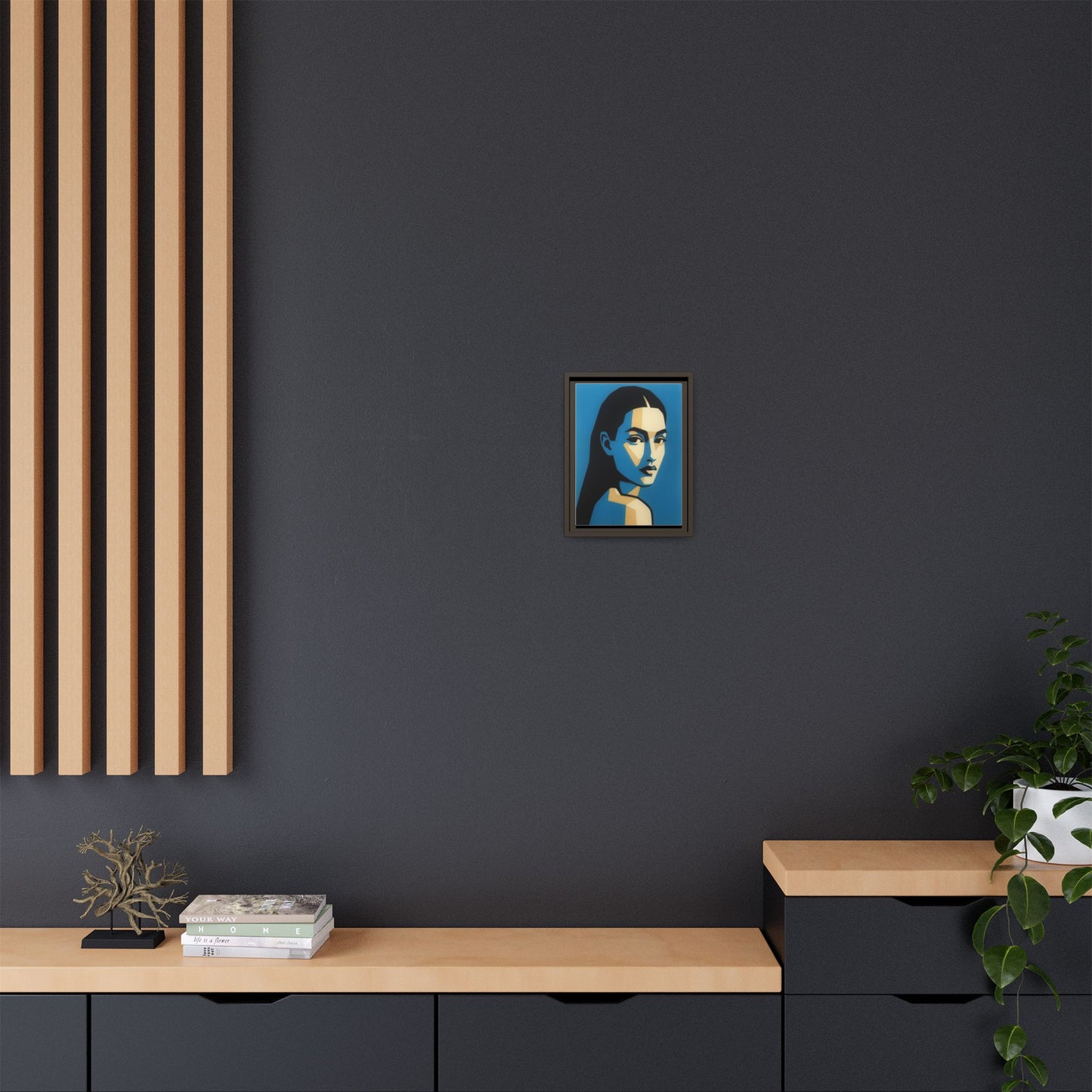 Framed Pop Art Portrait Canvas — Blue Geometric Woman Print