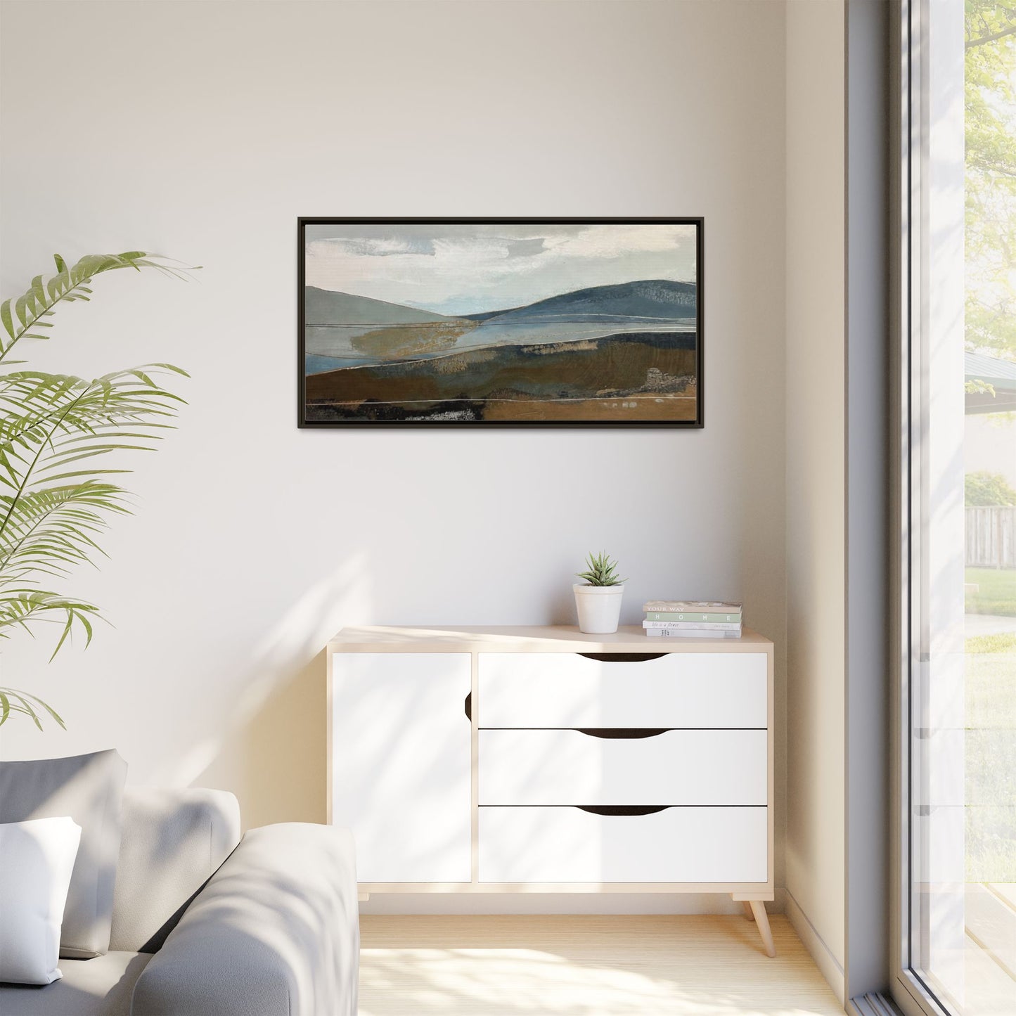 Framed Matte Canvas Landscape Art - Serene Abstract Hills in Blue & Earth Tones