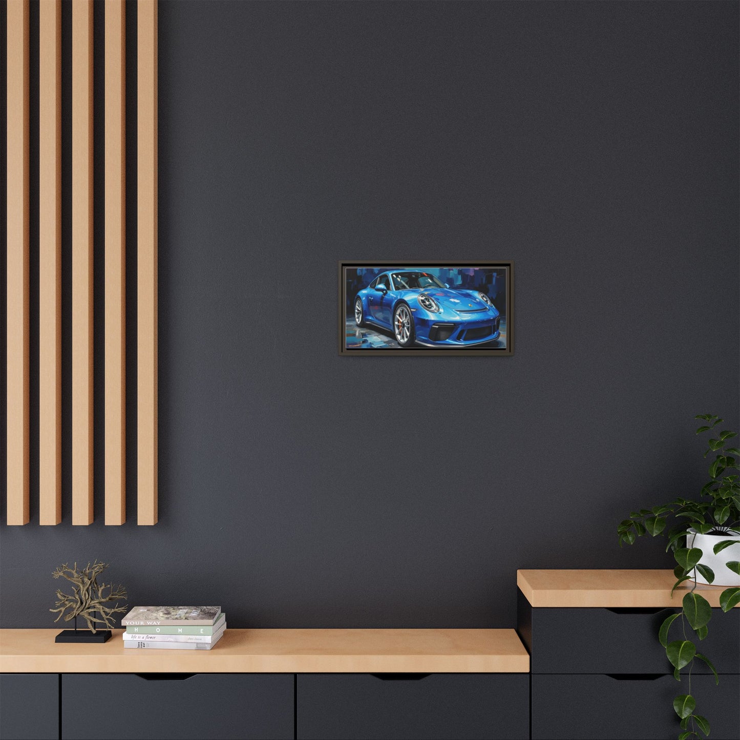 Blue Sports Car Matte Canvas Framed Print — Modern Automotive Wall Art