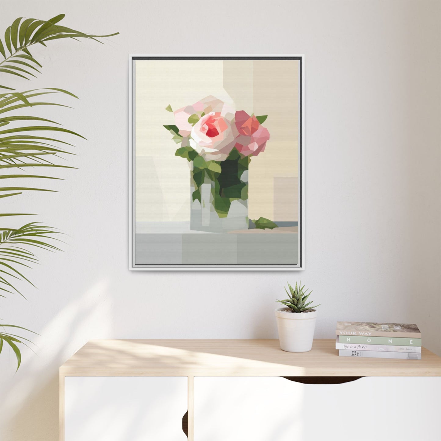 Framed Floral Canvas Print — Geometric Pink Rose Wall Art