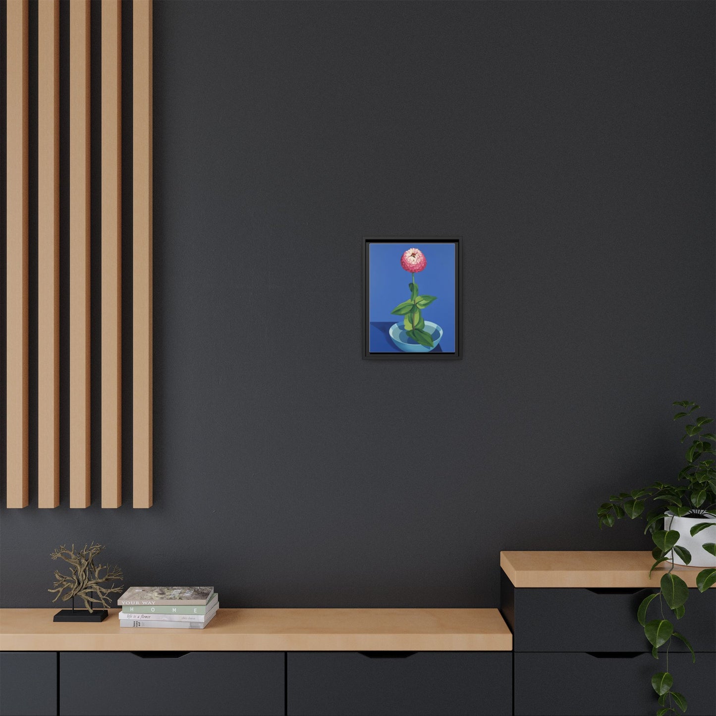 Framed Matte Canvas Art — Pink Zinnia in Blue Bowl (Botanical Still Life)
