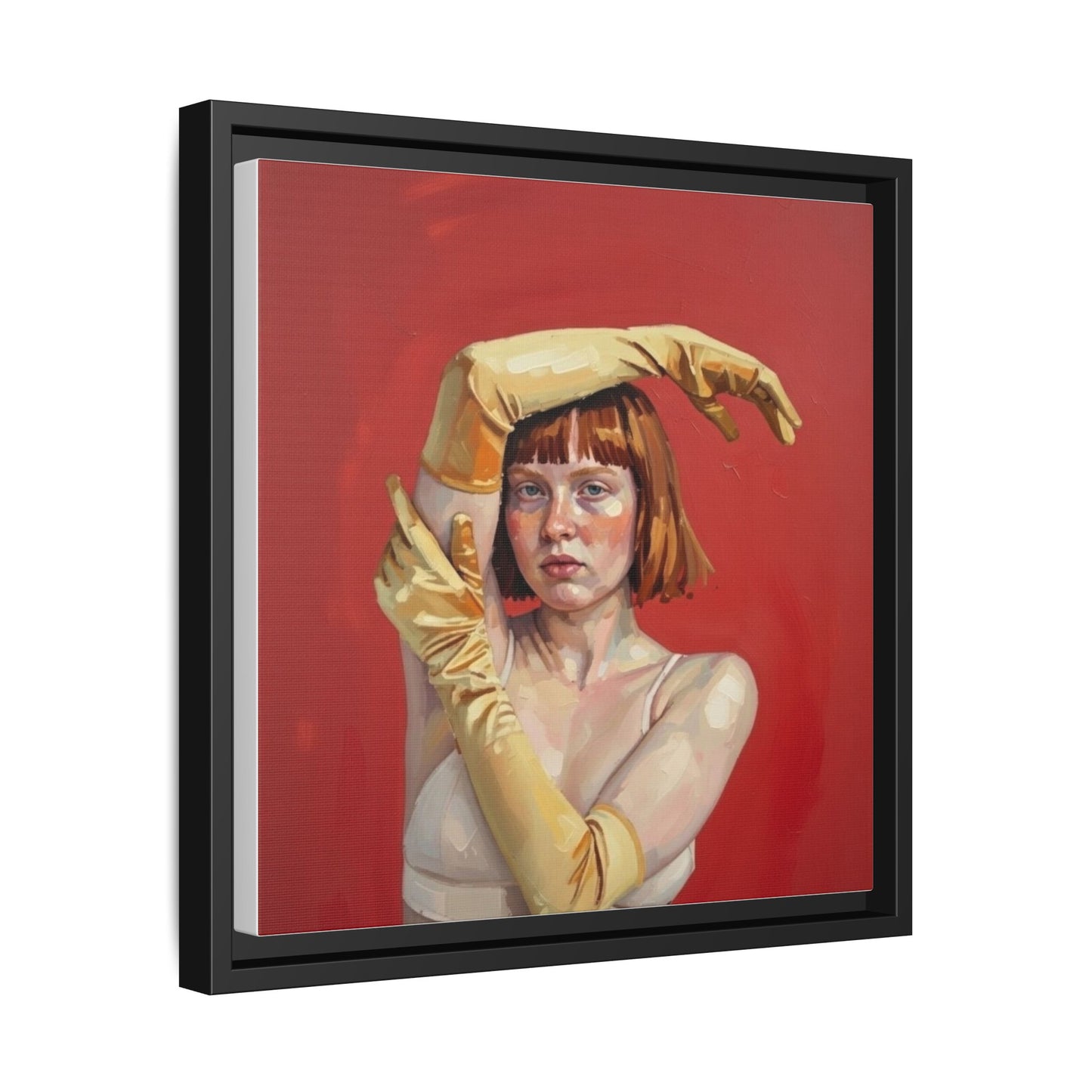 Framed Matte Canvas Art - Portrait of Woman in Yellow Gloves (Red Background)