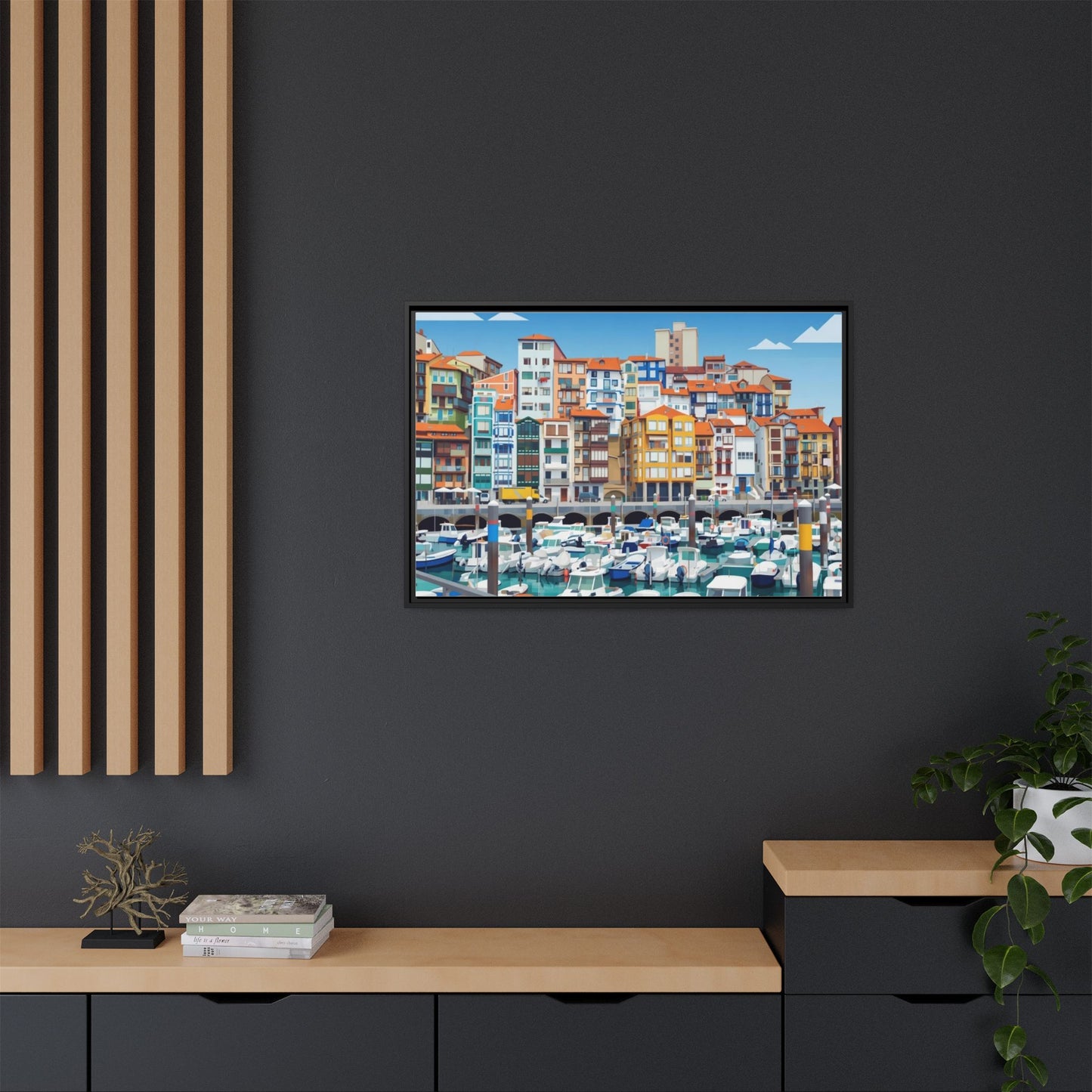 Framed Matte Canvas Print — Colorful Mediterranean Harbor Illustration