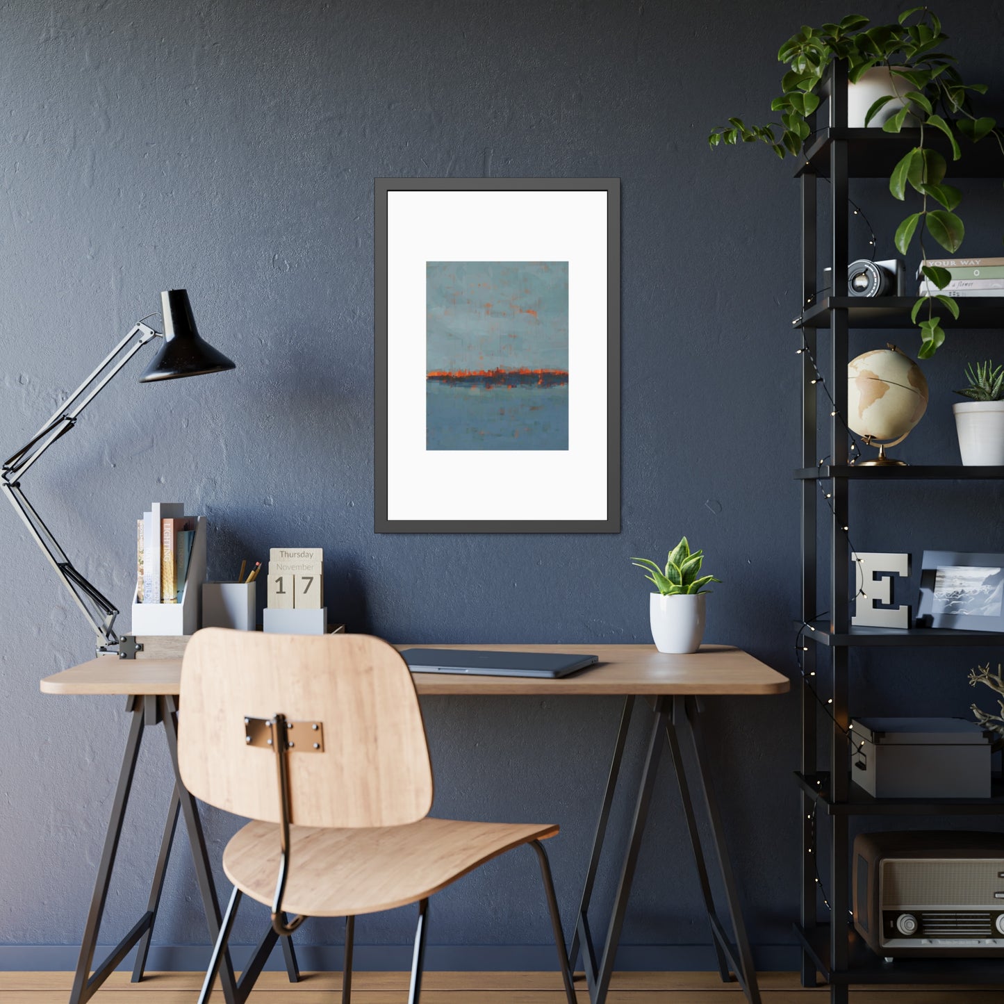 Abstract Seaside Framed Poster — Blue & Copper Minimalist Wall Art